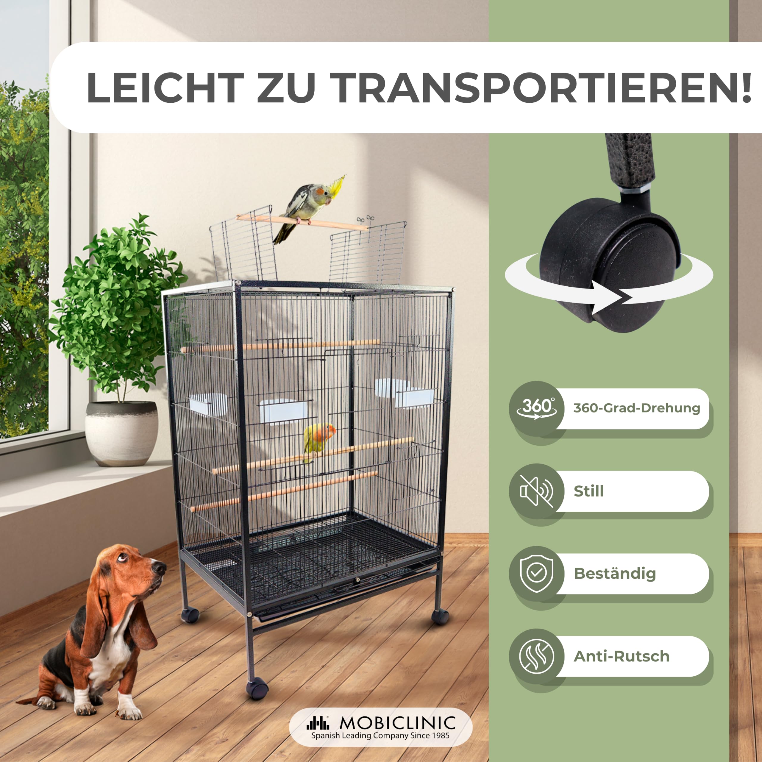 Mobiclinic®, Vogelkäfig, XL, Transporträder, Bremsen, Öffnung nach Oben, Herausnehmbares Tablett, 8 Türen, Großformat, 95x43x61,5 cm, Futterstellen, Tränken, Sitzstangen, Ruhebarsch, NINFA