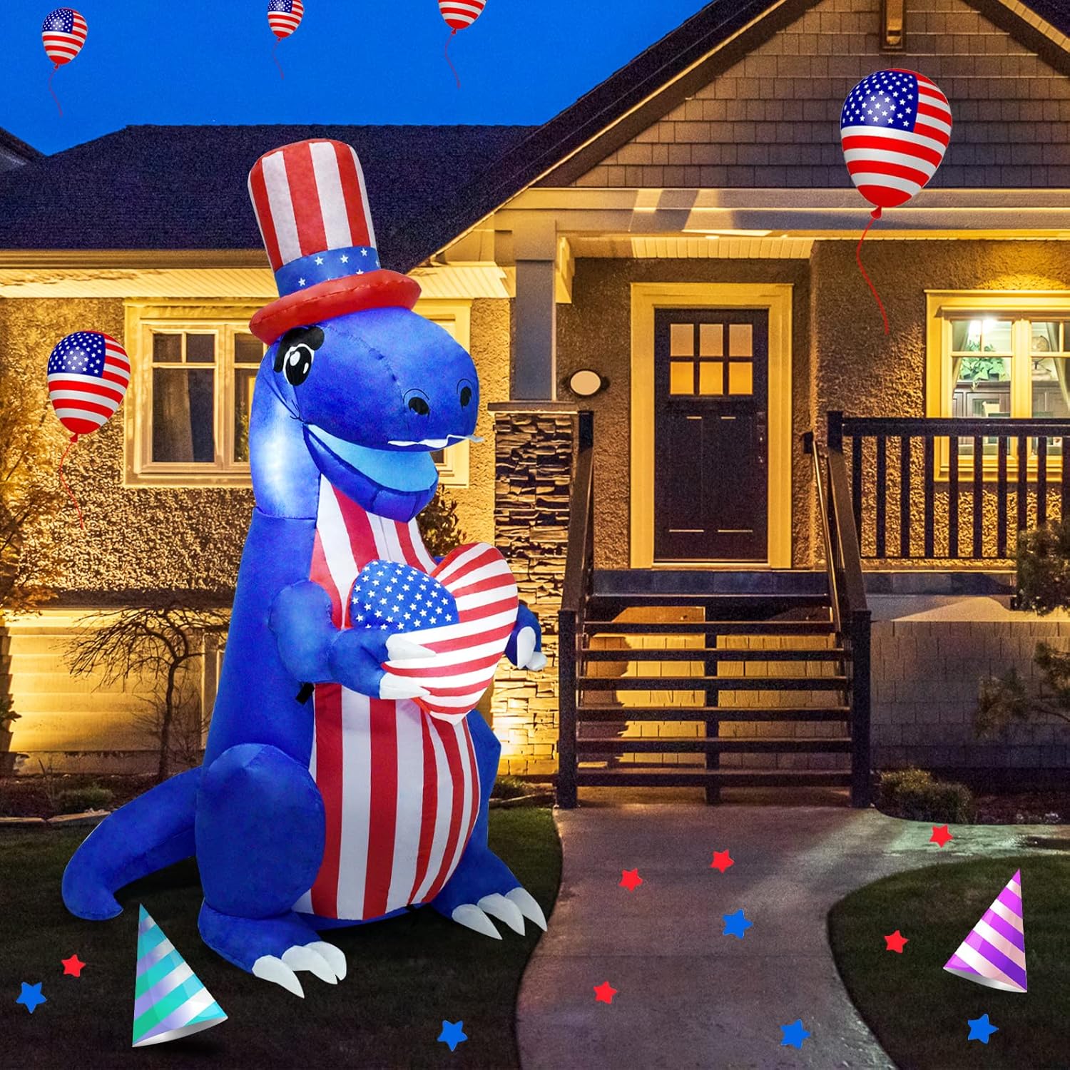 HZGDEJTG 5ft Independence Day Dinosaur Inflatable Outdoor Decoration with Built-in LED Lights to Light Up Your Yard for Patio, Lawn and Holiday Parties