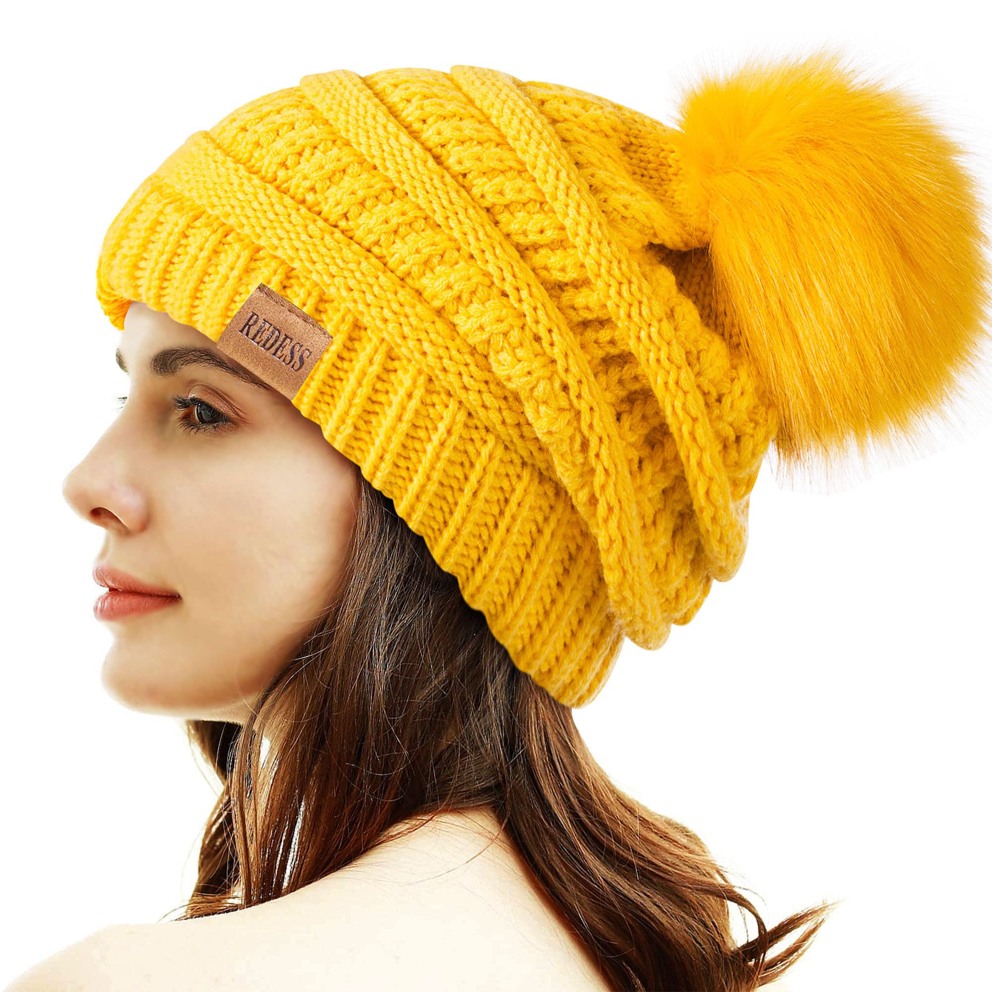 REDESS Cappello Invernale da Donna con Pom Pom Beanie Caldo Foderato in Pile Spesso Slouchy Snow Knit Chunky Baggy Skull Berretto da Sci