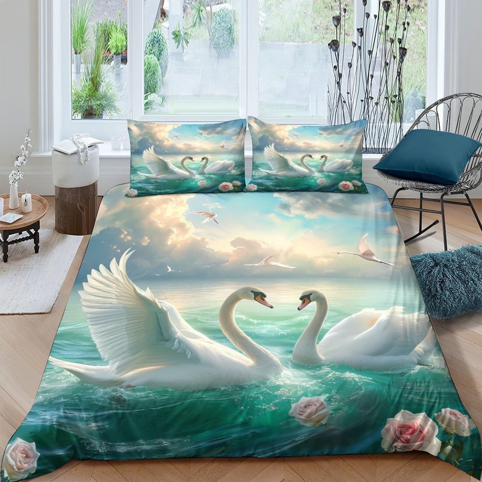 Ctjqhvkz Style-8 3D Printed Swan Lake Fitted Sheet Microfiber Soft Bedroom Decor Romantic Heart Shape Mattress Cover Easy Care Single（135X200cm）