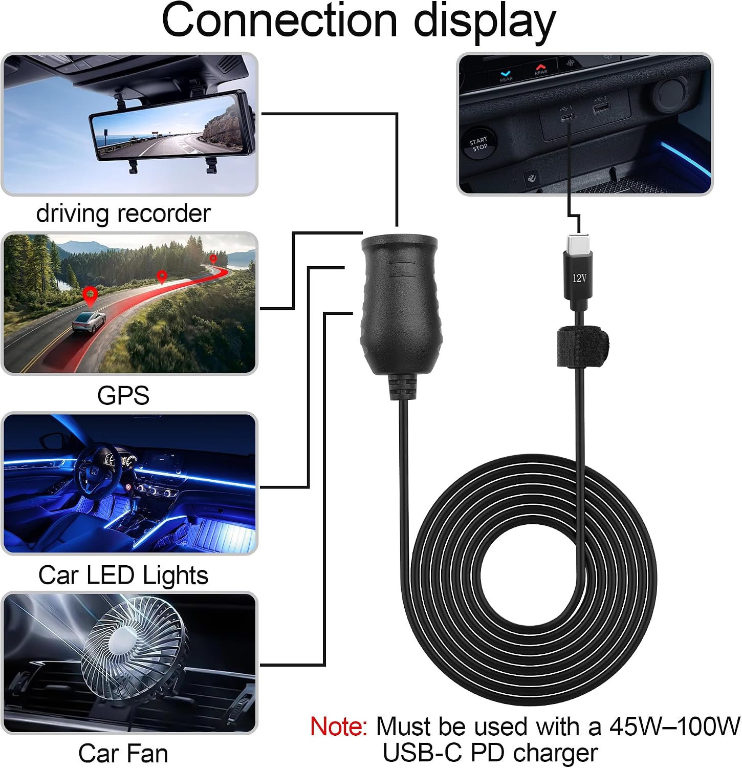 USB C to Cigarette Lighter Adapter Type-C Plug Charging Cable,Compatible with Dash Cam,GPS,Car LED Lights (12V Type-C Male to Cigarette Lighter Socket Charging Cable, 3M/9.84FT)