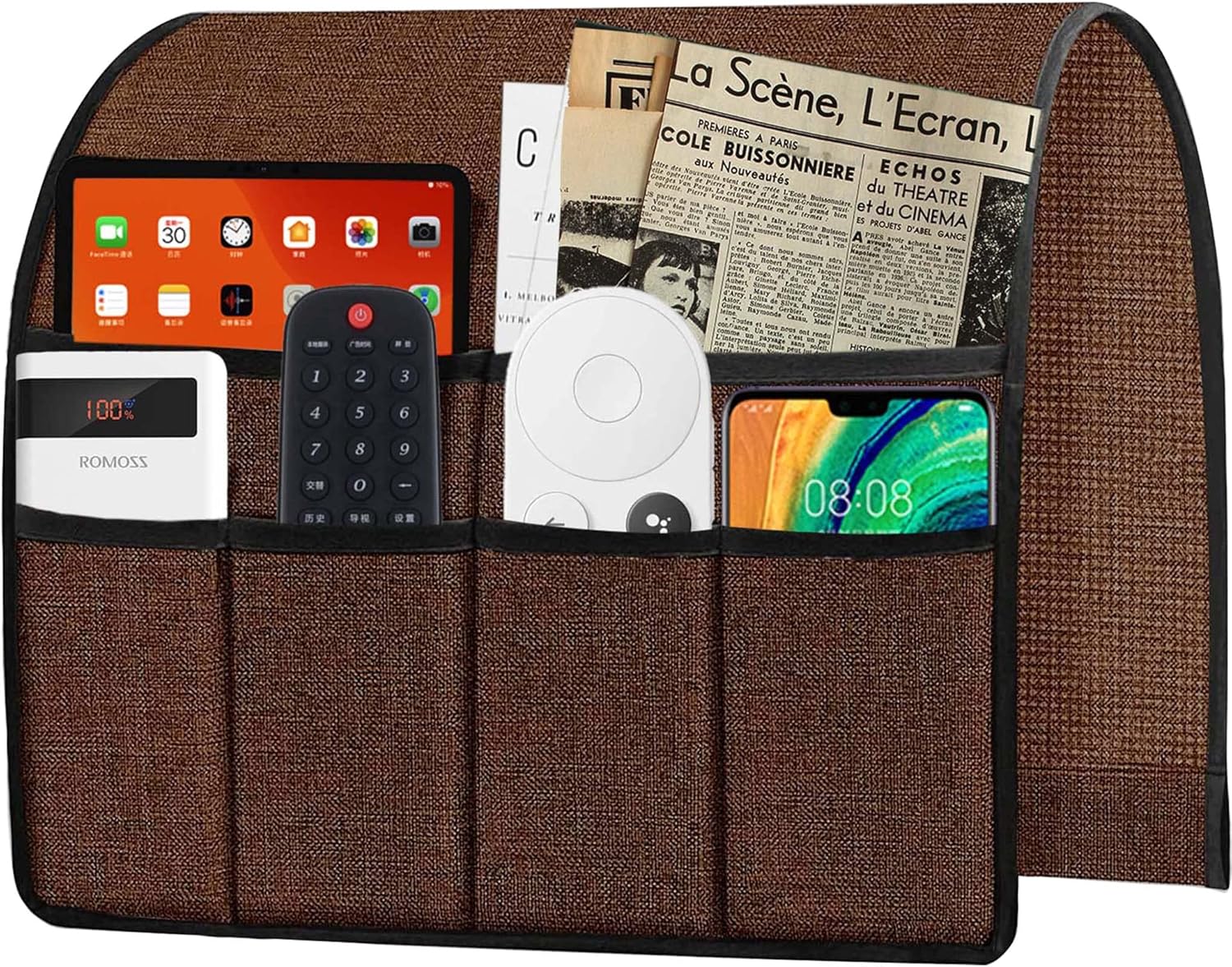 Ntomtuex PU Leather Remote Control Holder for Sofa Armrest Organizer Non-Slip Arm Chair Caddy for Recliner Sofa Caddy Storage with 6 Pockets for Glass Phone TV Remote Control Magazines, Dark Blue