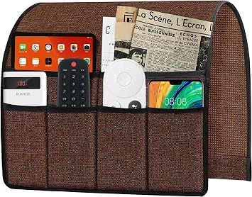Ntomtuex Armchair Caddy Remote Control Holder for Couch Recliner, Armrest Pocket Organizer for Couch Arm Chair with 7 Pocket for Magazines, Eyeglass, ipad, Phone, Brown