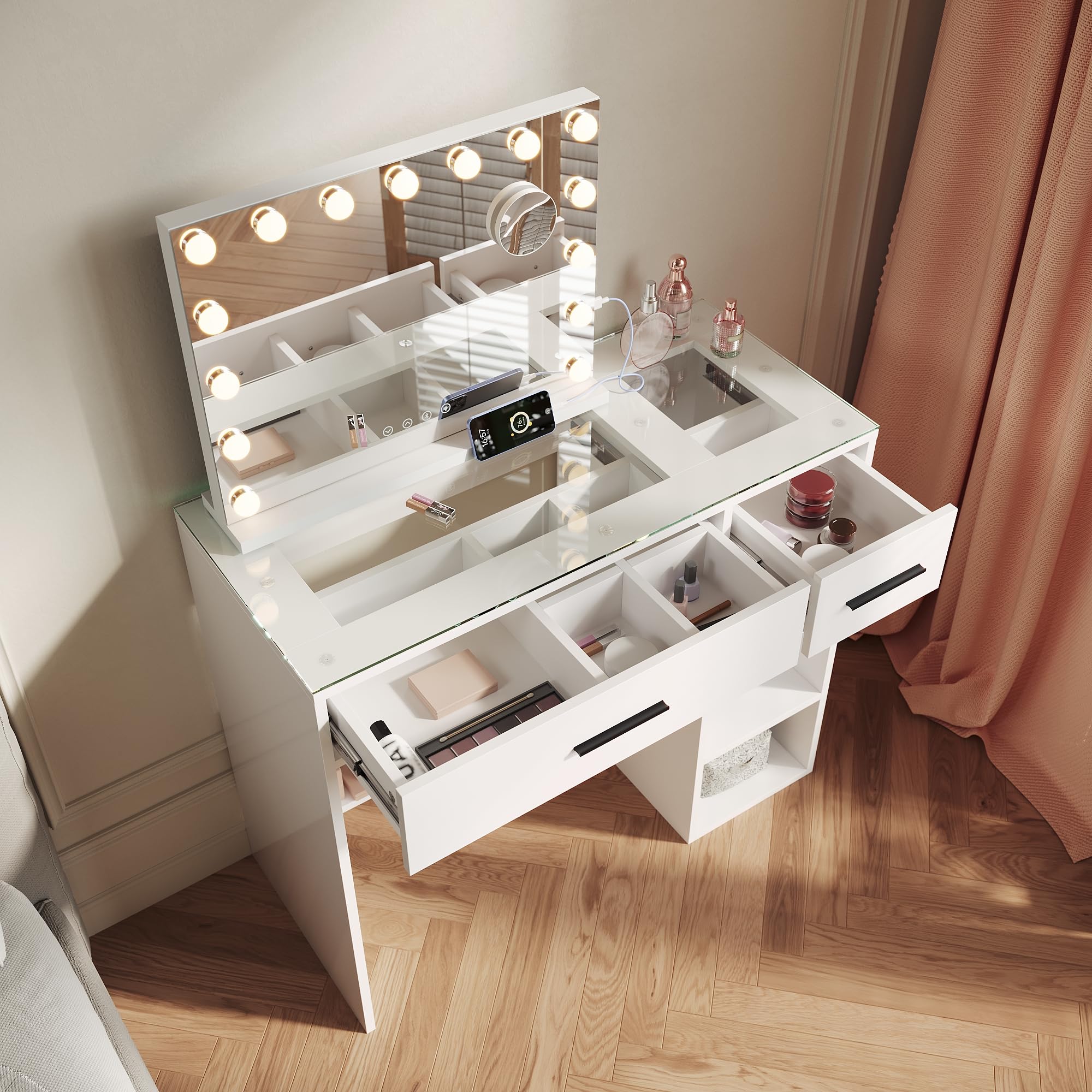 SIRHONA Coiffeuse Contemporaine en Bois Blanc, 90x40x77cm, avec Vitre en Verre Transparente, 2 Tiroirs et Étagère, Table de Maquillage sans Miroir