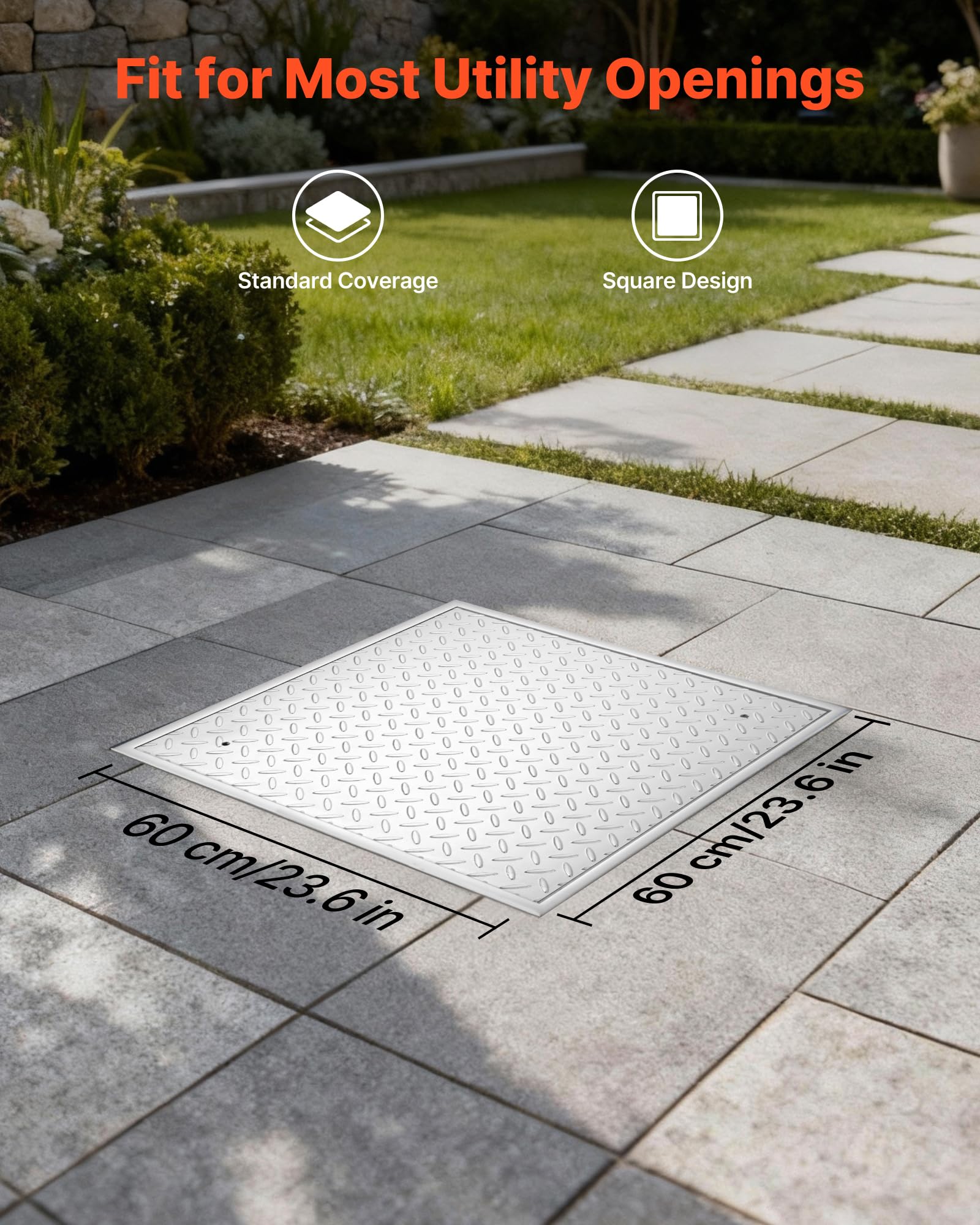 VEVOR Plaque d'Égout avec Cadre, Couvercle de Regard Carré de 60x60 cm, pour Inspection de Drainage Bouche d'Égout Trottoir Jardin, Couvercle de Fosse Septique en Acier au Carbone Antidérapant