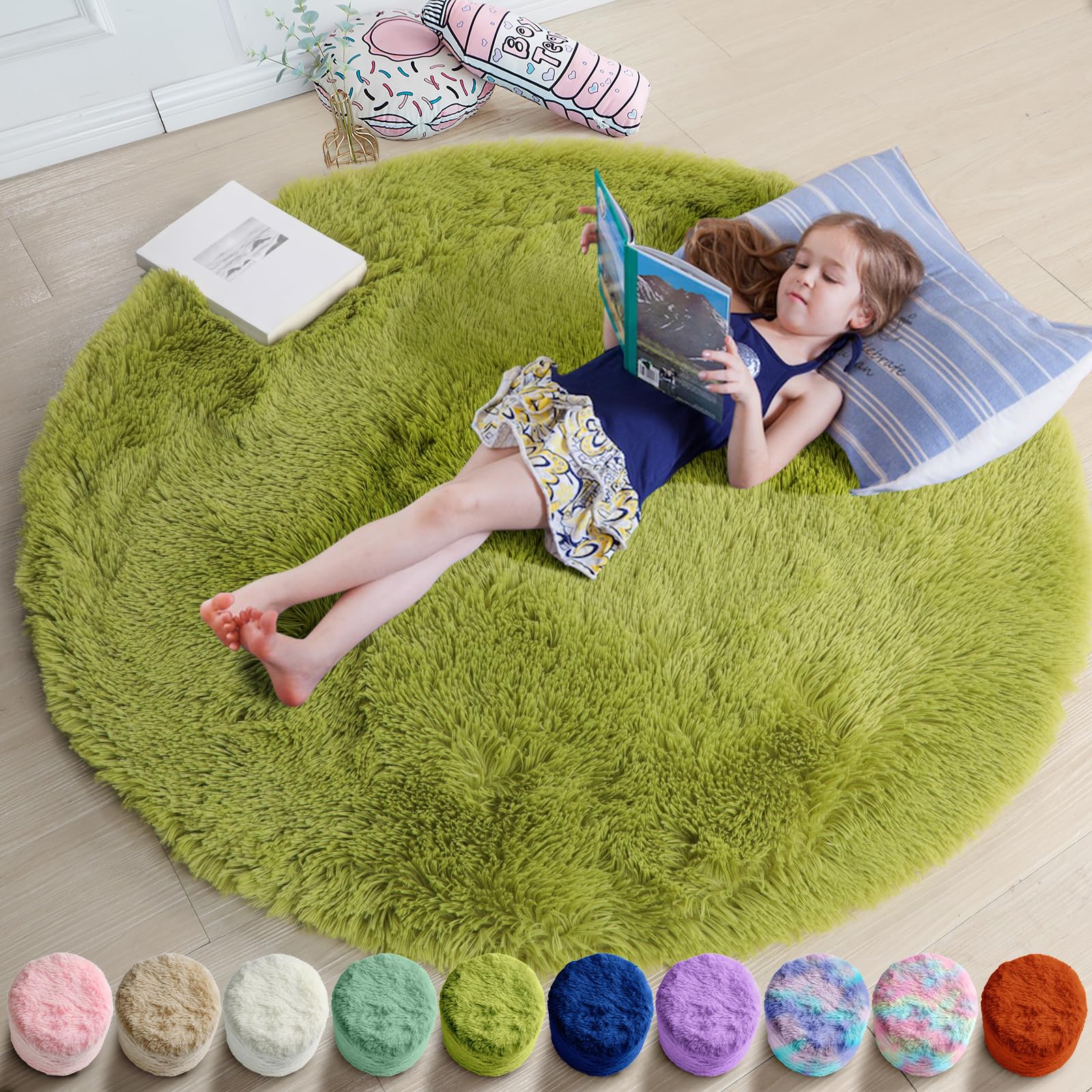 Grass Green Small Round Rug 3Ft for Bedroom, Fluffy Shag Circle Area Rugs for Kids Room Classroom Nursery, Cool Living Room Decor Aesthetic, Cute Fuzzy Moss Floor Circular Carpet for Preppy Dorm โ image 1