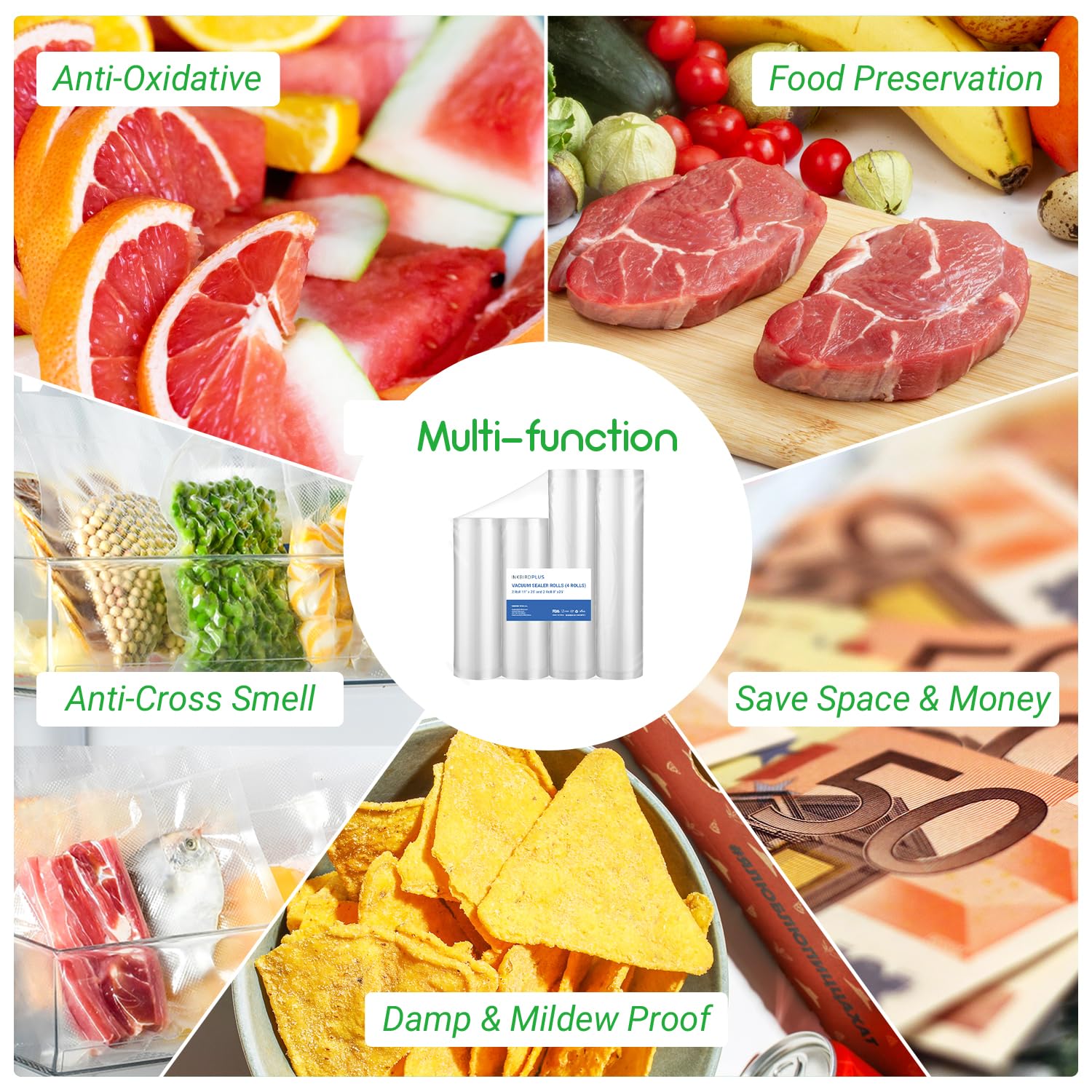 INKBIRD Rouleau Sous Vide Alimentaire 4 Packs: 28x63cm + 20x63cm, Rouleaux Film Sous Vide pour Tous Machine Sous Vide Aliments, Sac Sous Vide pour Le Stockage Des Aliments Et La Cuisson, Sans BPA