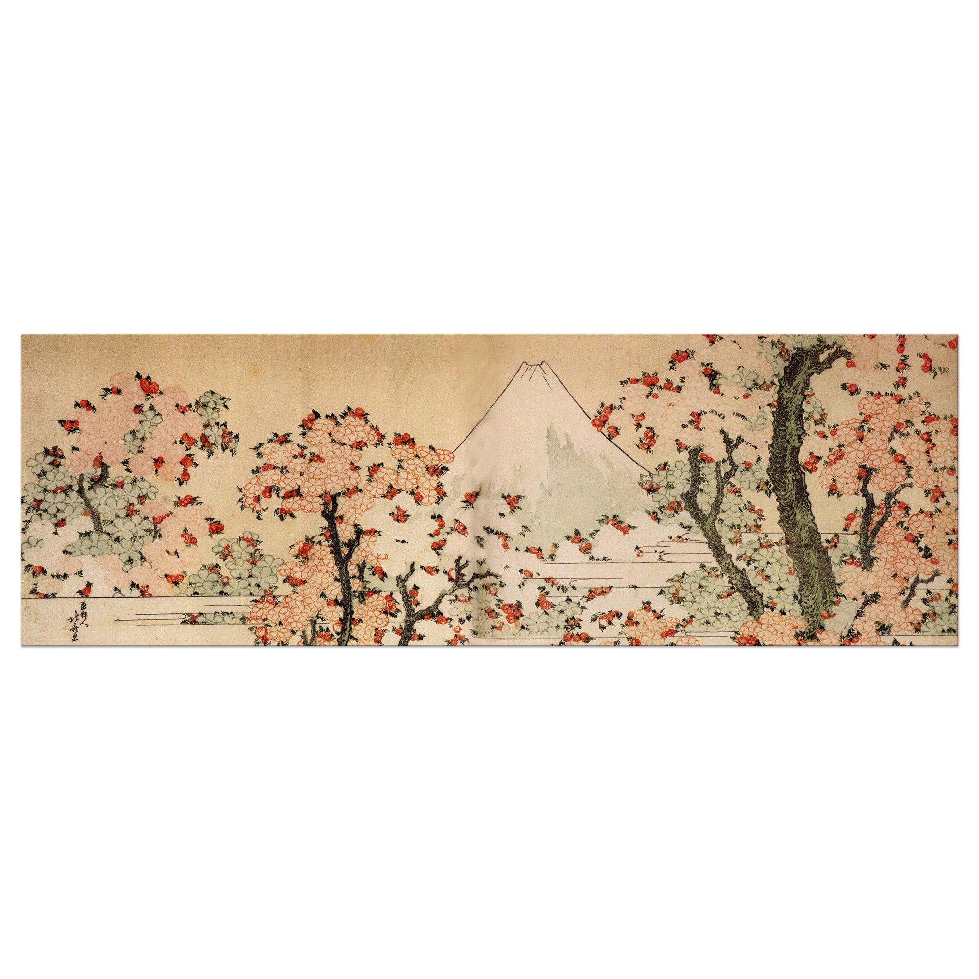 Bilderdepot24 Bild auf Leinwand | Katsushika Hokusai Blick auf den Fujijama mit blühenden Kirschbäumen in 120x40 cm als Wandbild | Wand-deko Dekoration Wohnung alte Meister | 180203-120x40