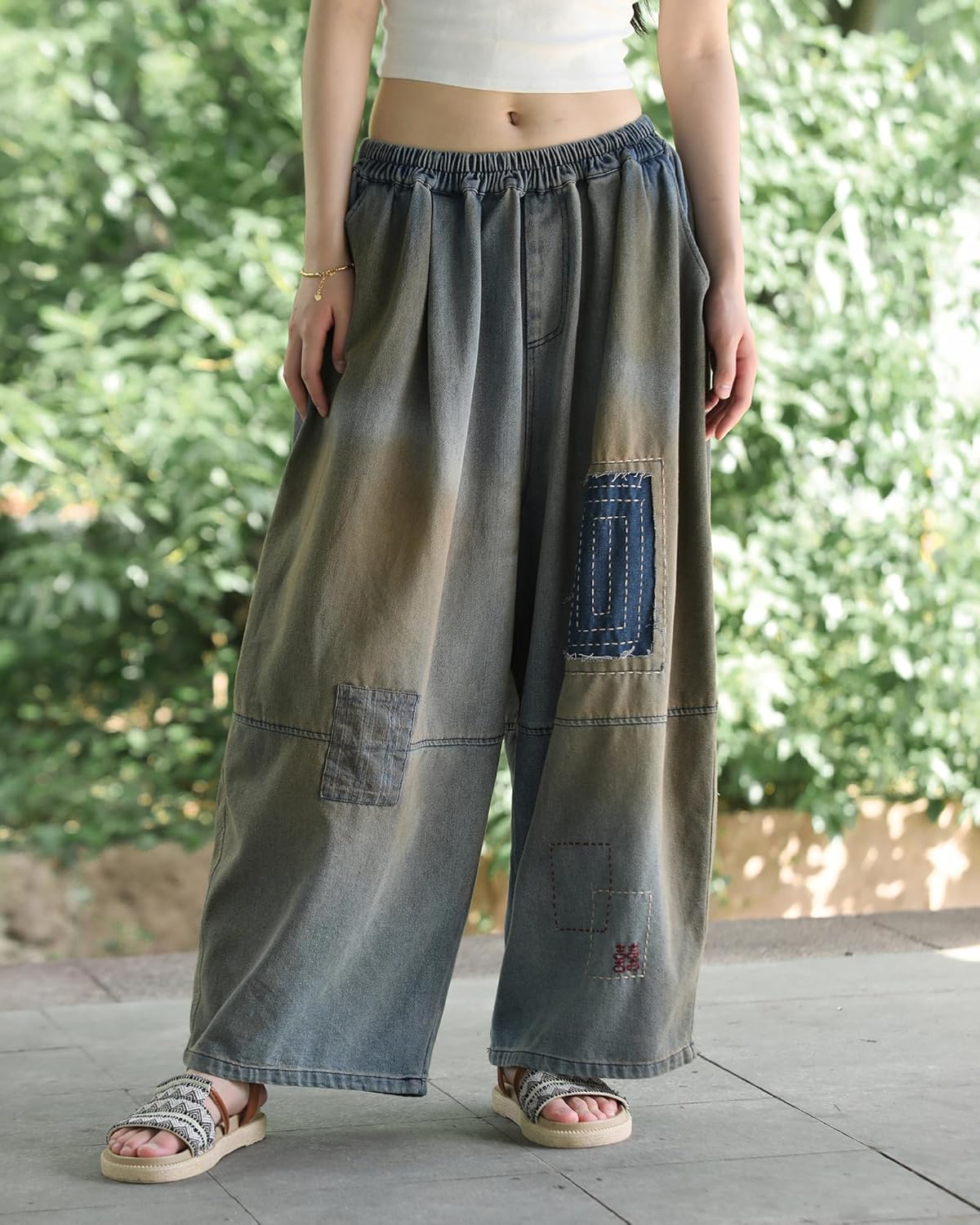 Women's High Waisted Barrel Jeans - Baggy Wide Leg Artisan Seamed Denim, Vintage Distressed Harem Pants - Image 2