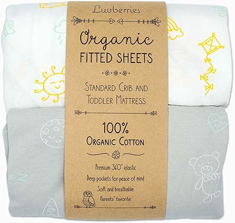 Luvberries - Crib Sheets 100% Organic Cotton - Set of 2 Fitted Crib Sheet for Standard Crib and Toddler Mattresses - Neutral Colors (Day and Night)