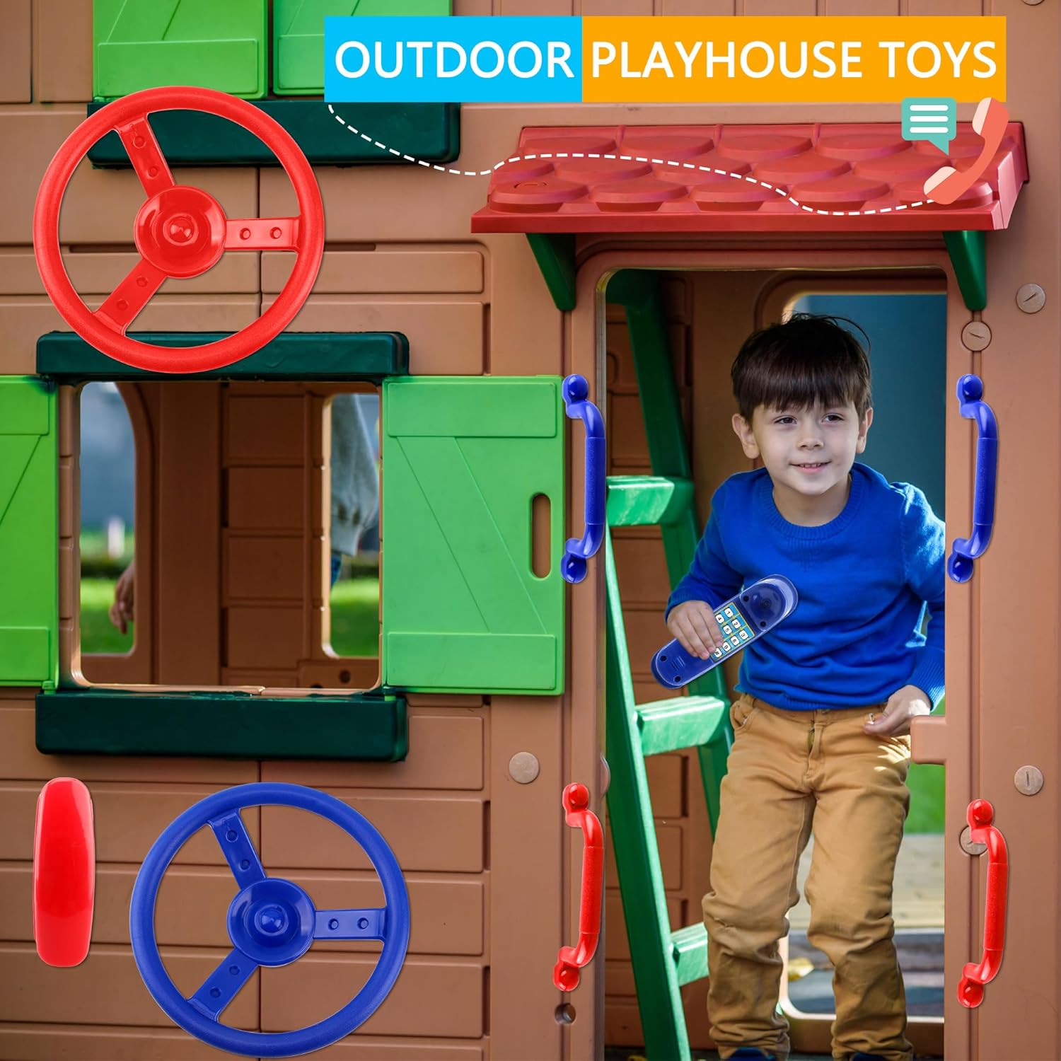 8 Pcs Playground Accessories Swingset Steering Wheel Safety Handles Plastic Swingset Phone Toy Swing Set Telephone for Kids Outdoor Treehouse Playhouse Swing Set (Red,Blue)