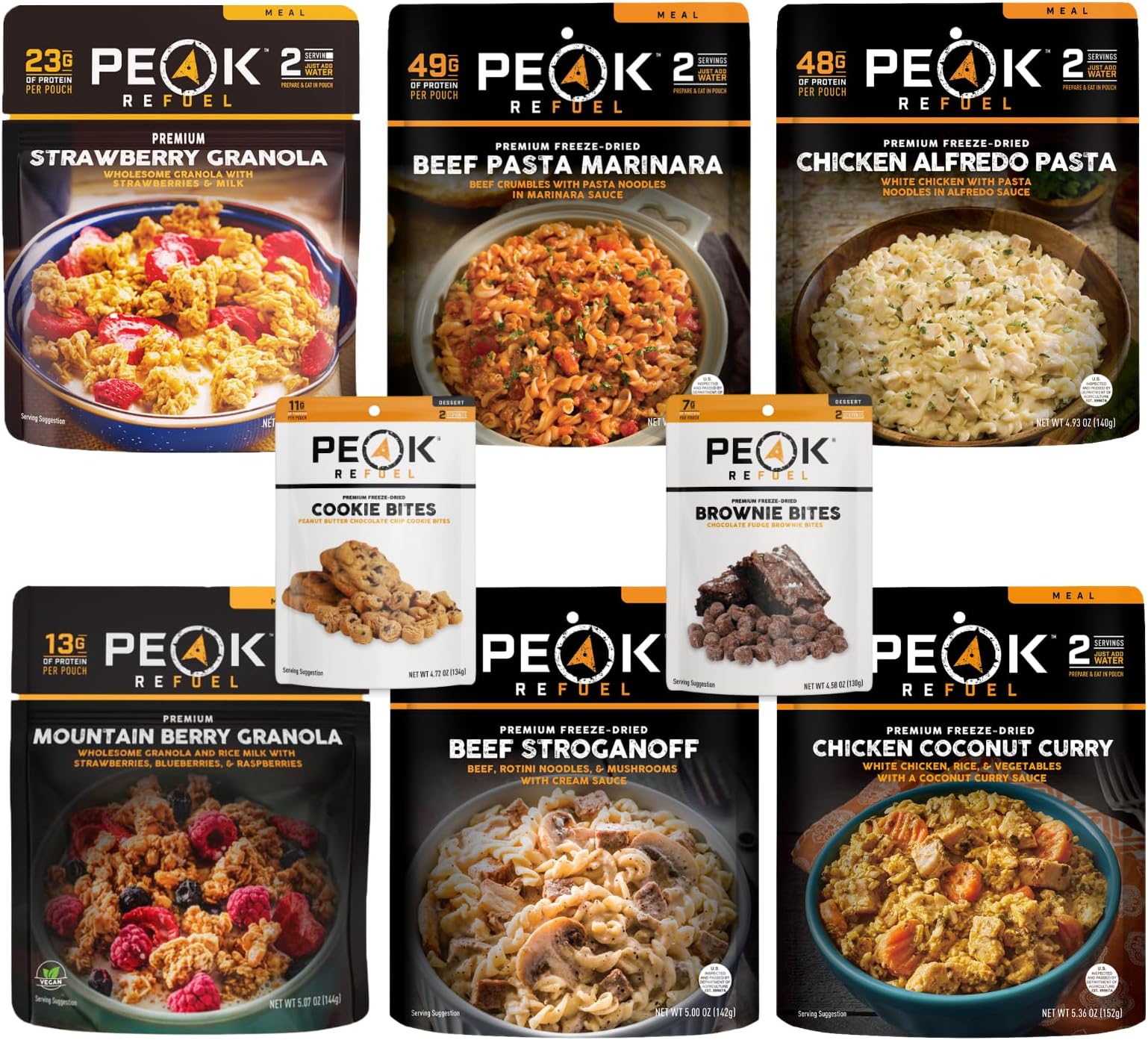 Peak Refuel Mountain Pack | Freeze Dried Lightweight Backpacking and Camping Food | 6 Amazing Meals, 2 Desserts | Variety Pack | High Protein | Quick Prep