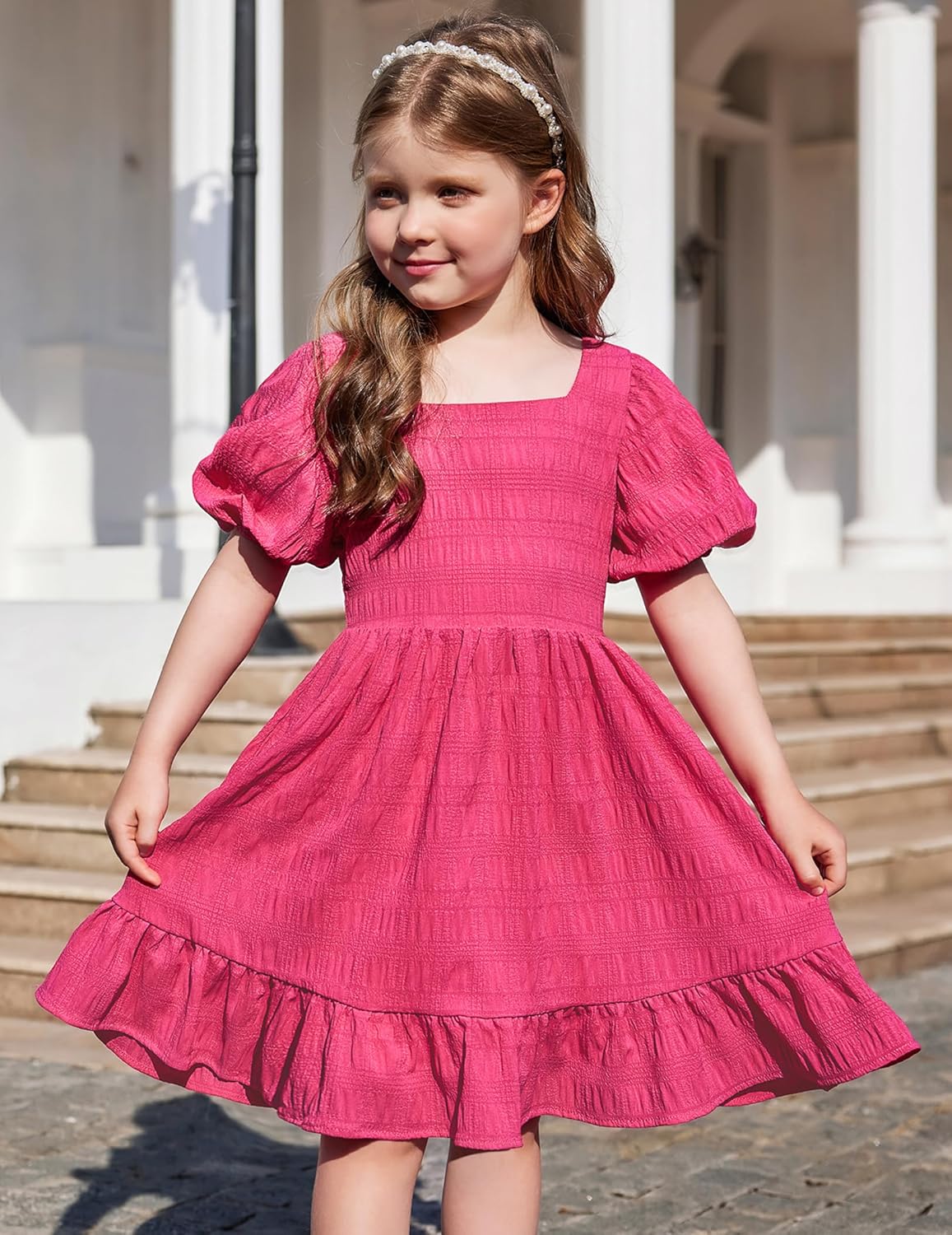Arshiner Girls Backless Dress Short Sleeve Square Neck Ruffle Hem Elegant Dresses - Image 6