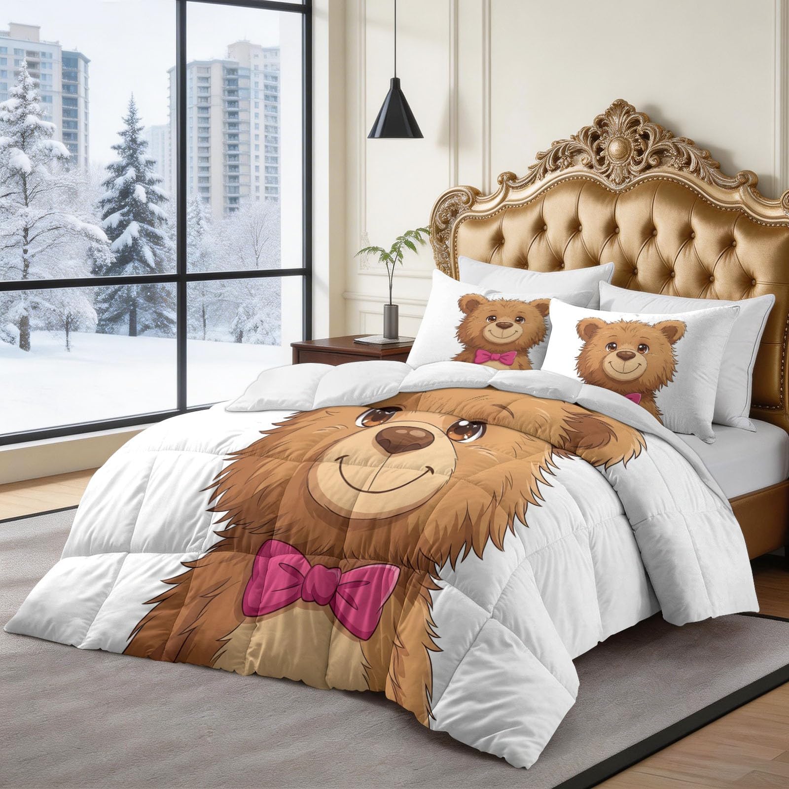 Generico Completo Copripiumino Imbottito 200 x 200 cm Campagna Animali Orsacchiotto Trapunta Tutto in Uno, Microfibra Traspirante & Lavabile Edredón – Set 3 Pezzi con 2 Federe, Design Elegante, Beige