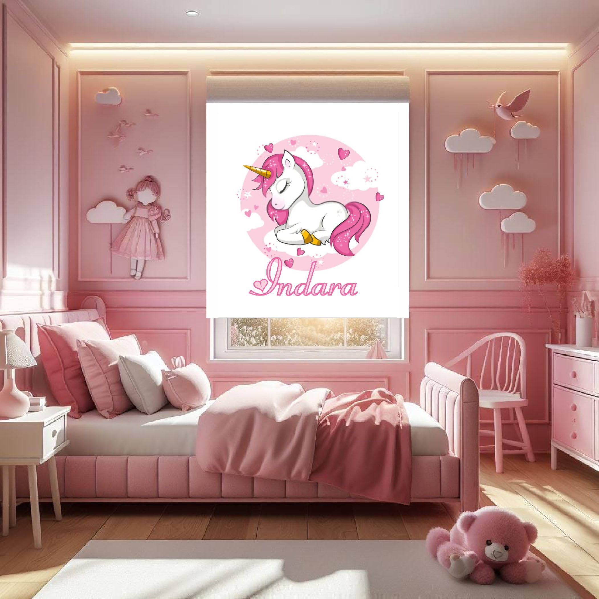 Estor Enrollable Infantil Niña Personalizado con Nombre - Diseño Unicornio Rosa y Blanco Translúcido - Decoración Habitación Infantil – Estores Iroa (130x170)