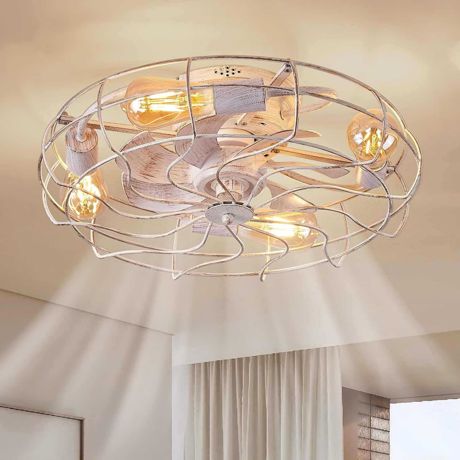 LEDIARY 20" Caged Ceiling Fans with Lights, Flush Mount Low Profile Ceiling Fan with Remote, Small Modern Farmhouse Industrial Ceiling Fan with Light for Bedroom, Kitchen, Dining Room, Indoor 20 Inch White