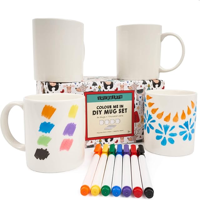 THE TWIDDLERS - Decorate Your Own Mug Set - Paint with Colour Pens - Arts & Crafts Pottery for Kids and Adults Personalised Gift for All