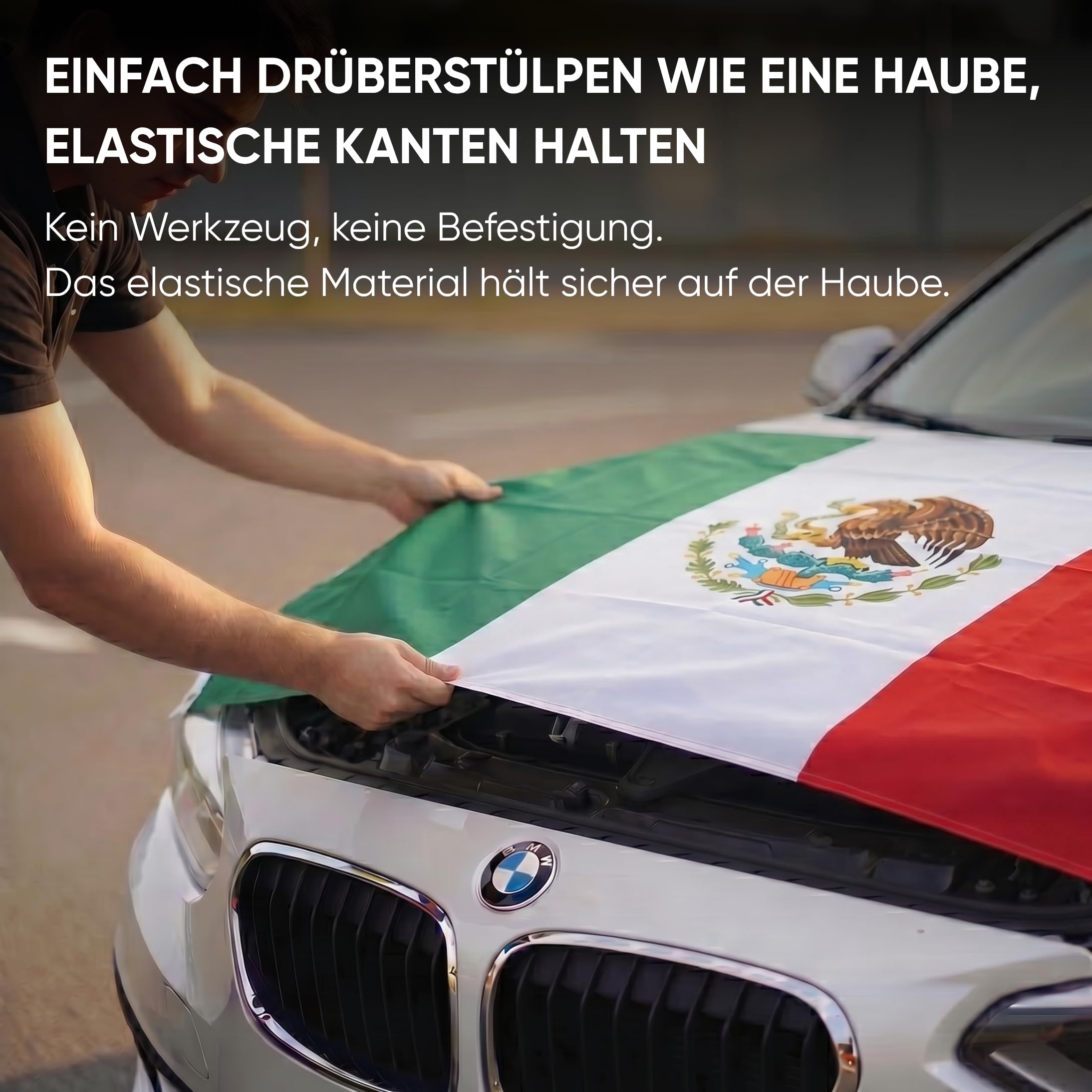 Auto Fahnen Mexiko Komplett Set - Motorhaubenfahne, 2 Autofahnen Fenster & 2 Außenspiegelfahnen, Fußball Fanartikel FZG für EM & WM, Mexikanische Flagge Fahrzeug Deko
