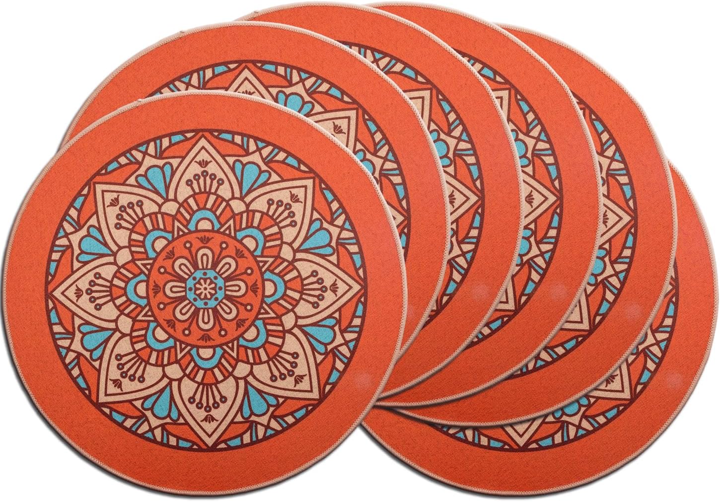 PIGCHCY Rubber Boho Placemats Set of 6, 15" Round Heat Resistant Placemat, Waterproof Washable Table Mats for Dining Table Decoration (Orange)