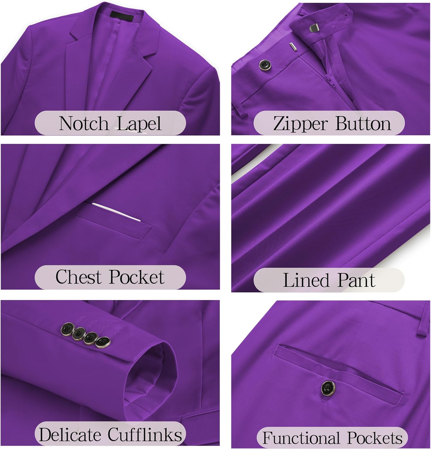 Men's Suit Slim Fit 2-Piece Tuxedo Set - Ideal for Prom and Wedding, Includes Blazer Jacket, Pants, and Tie US Size S Deep Purple