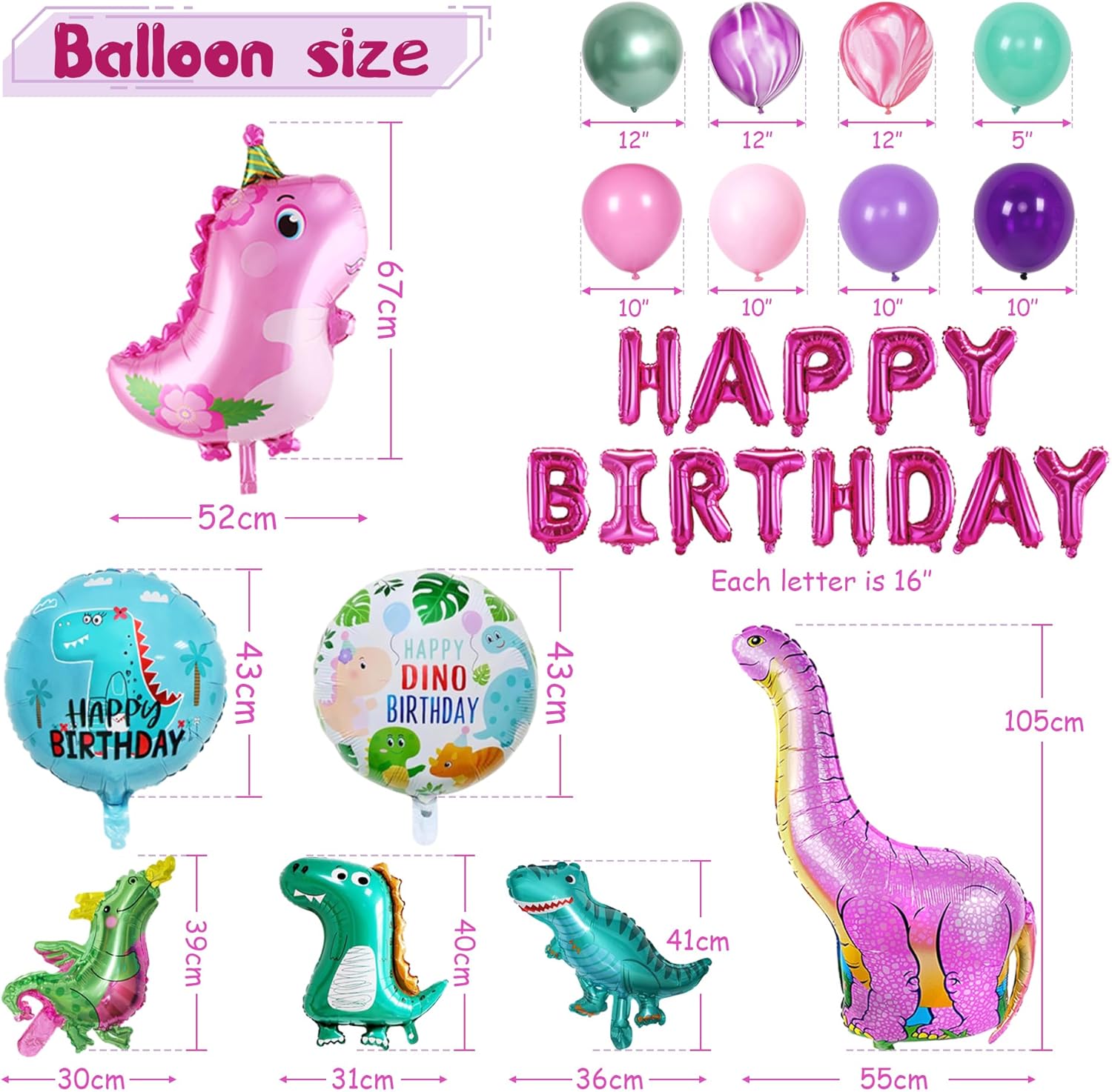 Party Spot! 150 pcs Dinosaur Birthday Party Supplies For Girls (Serves 12), Pink Dinosaur Party Decorations, 50 pcs Latex Balloons, 12 sets Tableware, Plates, Tablecloth, Installation Tools
