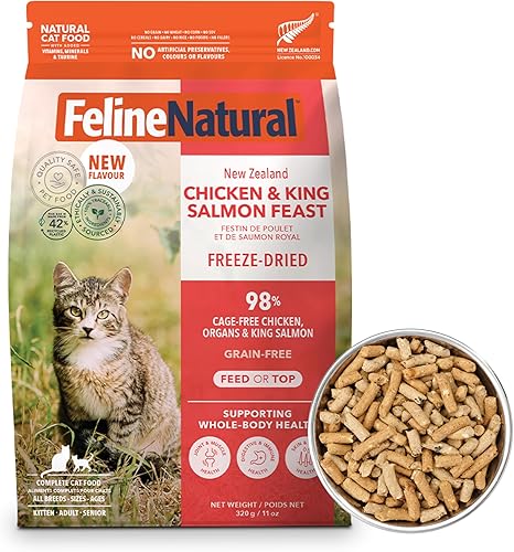 Vista 16 de Alimento para gatos seco de alta proteína Feline Natural, dieta liofilizada con 98% de carne, órganos y mariscos, sin guisantes, granos o aditivos