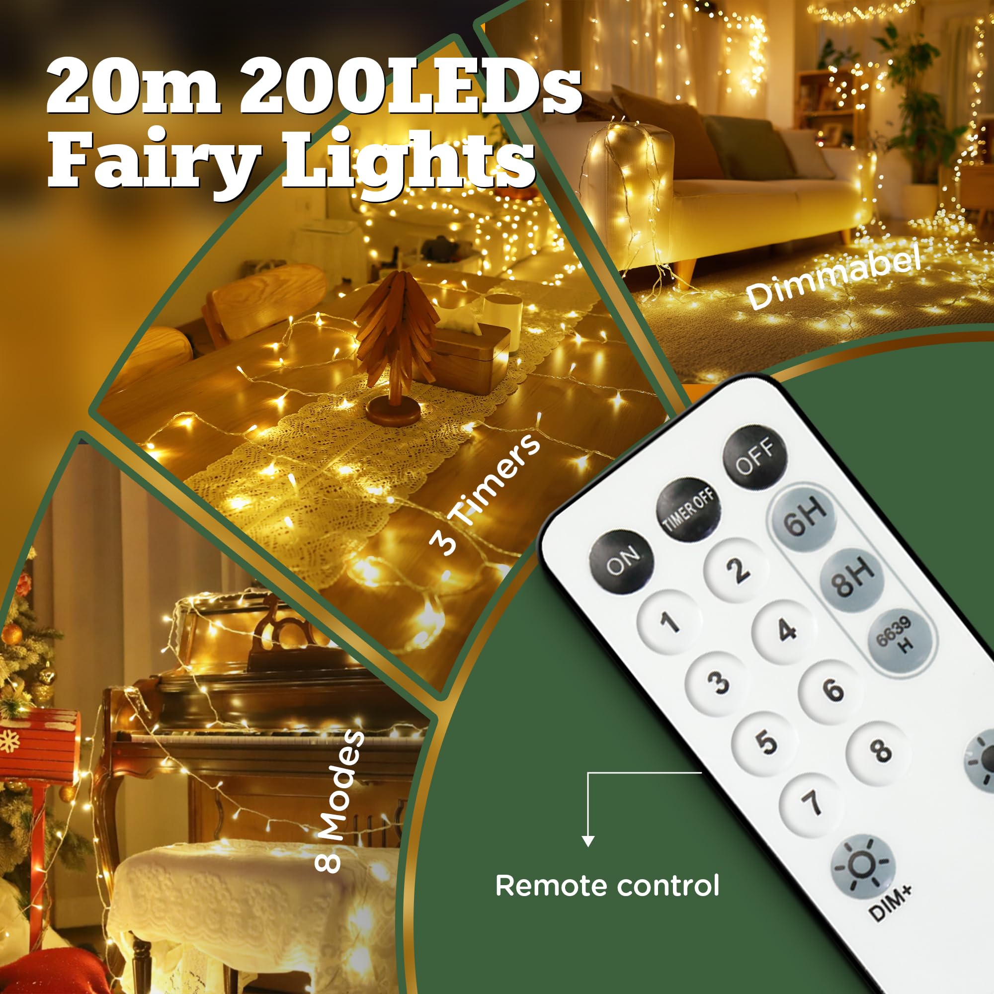 Lighprenix Christmas Tree Lights Outdoor, 20M 200LEDs Xmas Fairy Lights Mains Powered with 8 Modes/Timer/Remote - Image 2