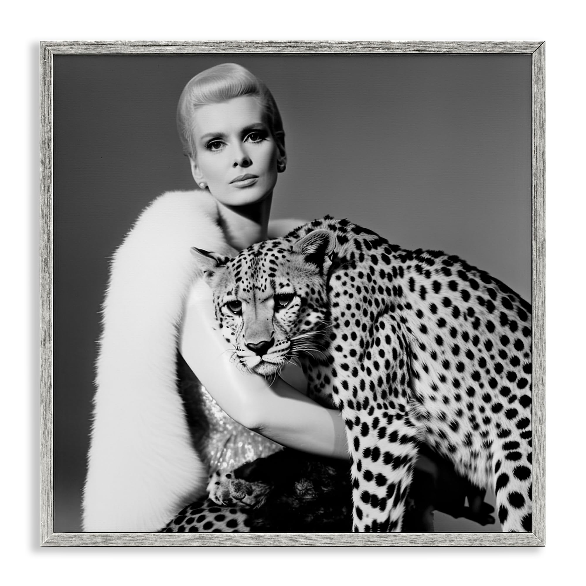 Stupell Industries Cat Woman Cheetah Portrait Gray Framed Giclee Art, design by Sasha, 12 x 12
