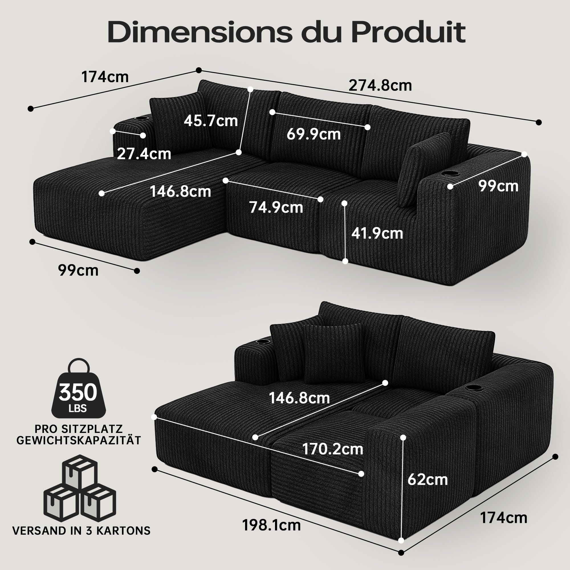 DURASPACE Canapé L 275cm Velours côtelé Mousse mémoire avec Porte-gobelet