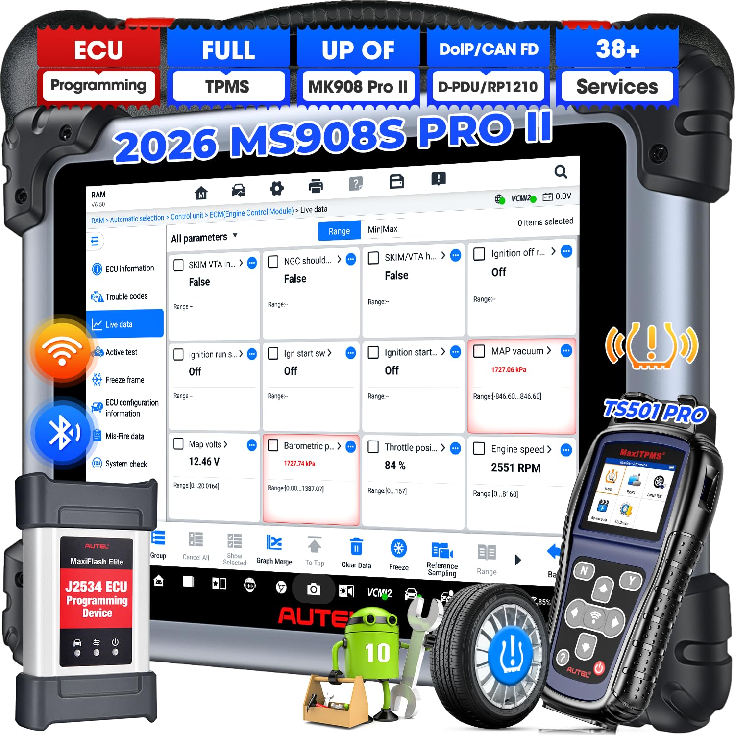 2026 Autel Scanner MaxiSYS MS908S PRO II, Plus $219 TS501 PRO TPMS Relearn Tool, Bidirectional Diagnostic Scan as Ultra MS919 MS909 Elite 2 Pro, Up of MK908P MS906MAX, 3K+ Active Tests, 38+ Reset