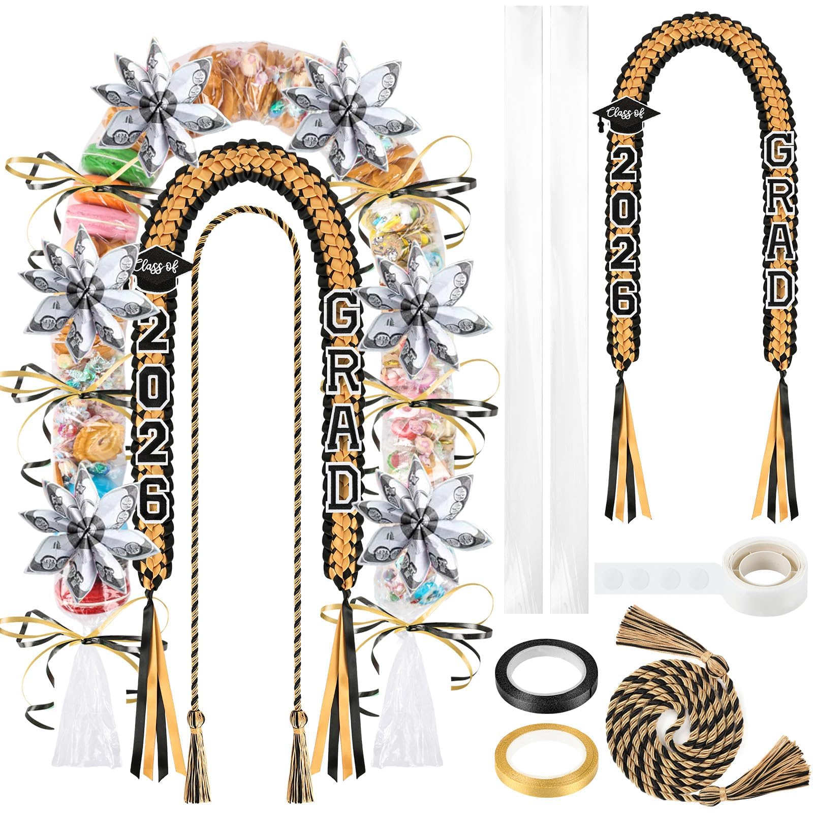 YLOLUL 16 Pcs Graduation Leis 2026 Graduation Candy Lei Kit with Honor Cord Class of 2026 Graduation Ribbon Money Lays Necklace Graduation Gift Party
