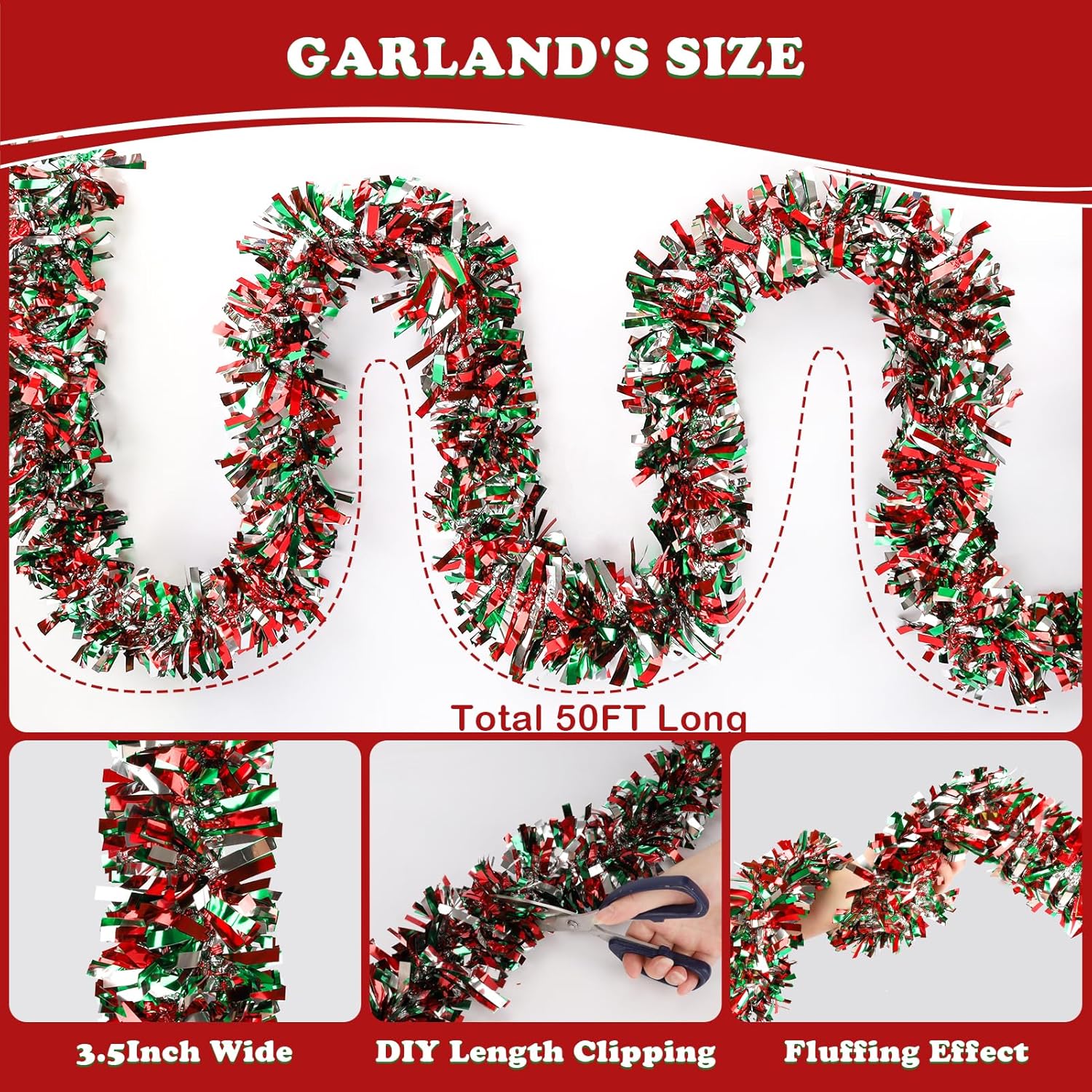 50FT Christmas Tinsel Garland, Red Green&Silver Metallic Twist Shiny Hanging Garland Ornaments for Christmas Tree, Party Supplies Thick Metallic Xmas Streamers
