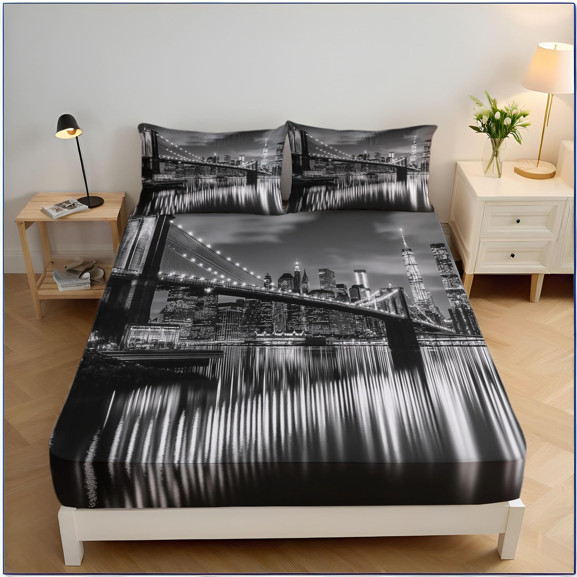 Drap housse 200x200cm New York gris foncé grand bonnet 30cm pour lit adulte