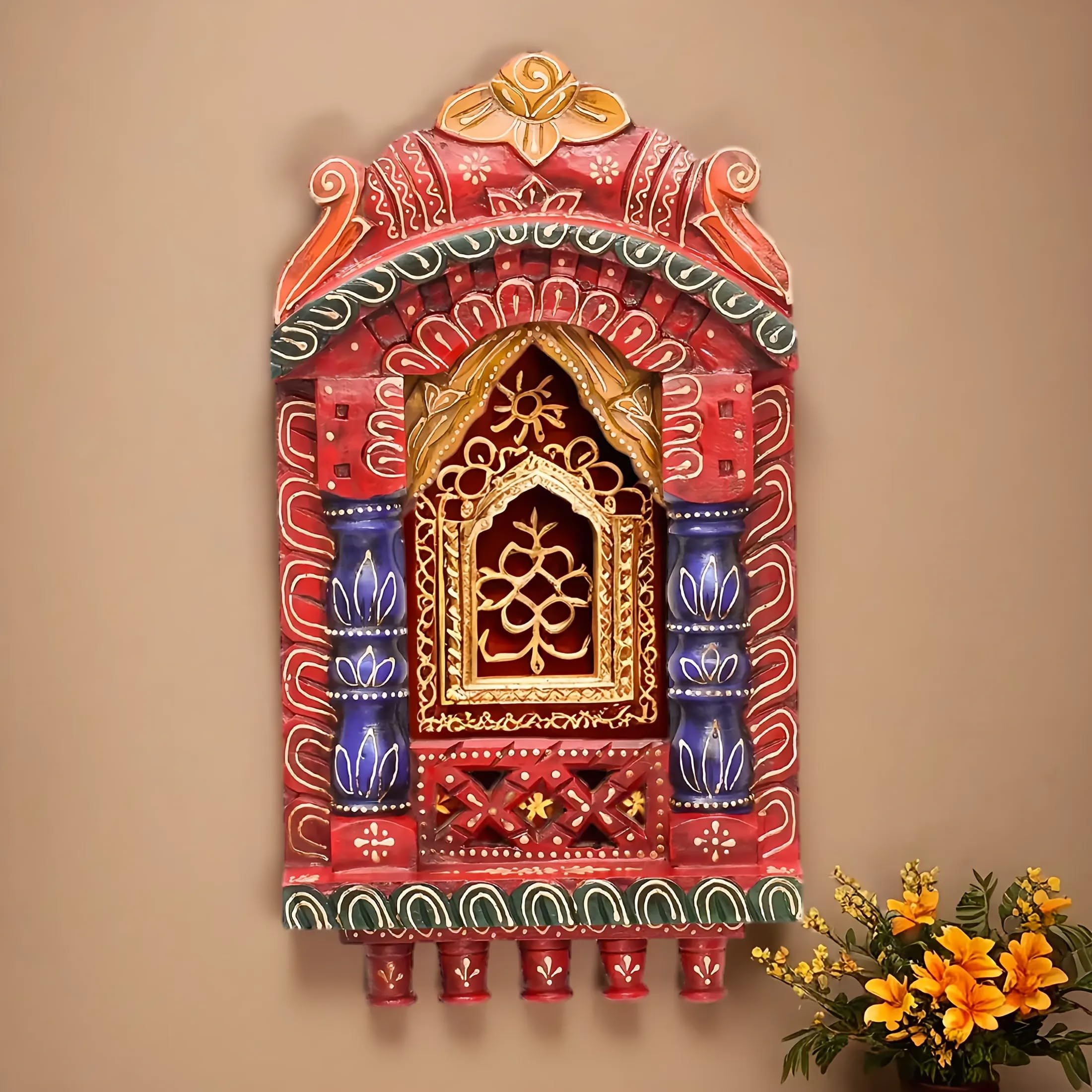 Mina Solid Wood Hand Painted Wall Hanging Jharokha Frame (Red, 16 inches< Rectangular, Unframed)