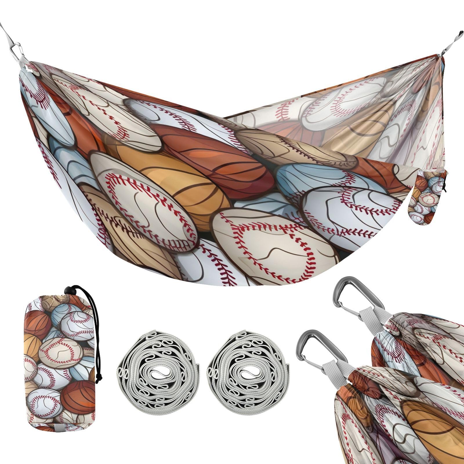 ATTX Baseball Balls Pattern Camping Hammock - Lightweight & Portable Hammocks, Heavy Duty 330lbs Capacity for Indoor, Hiking, Backpacking, Travel, Backyard, Beach#331