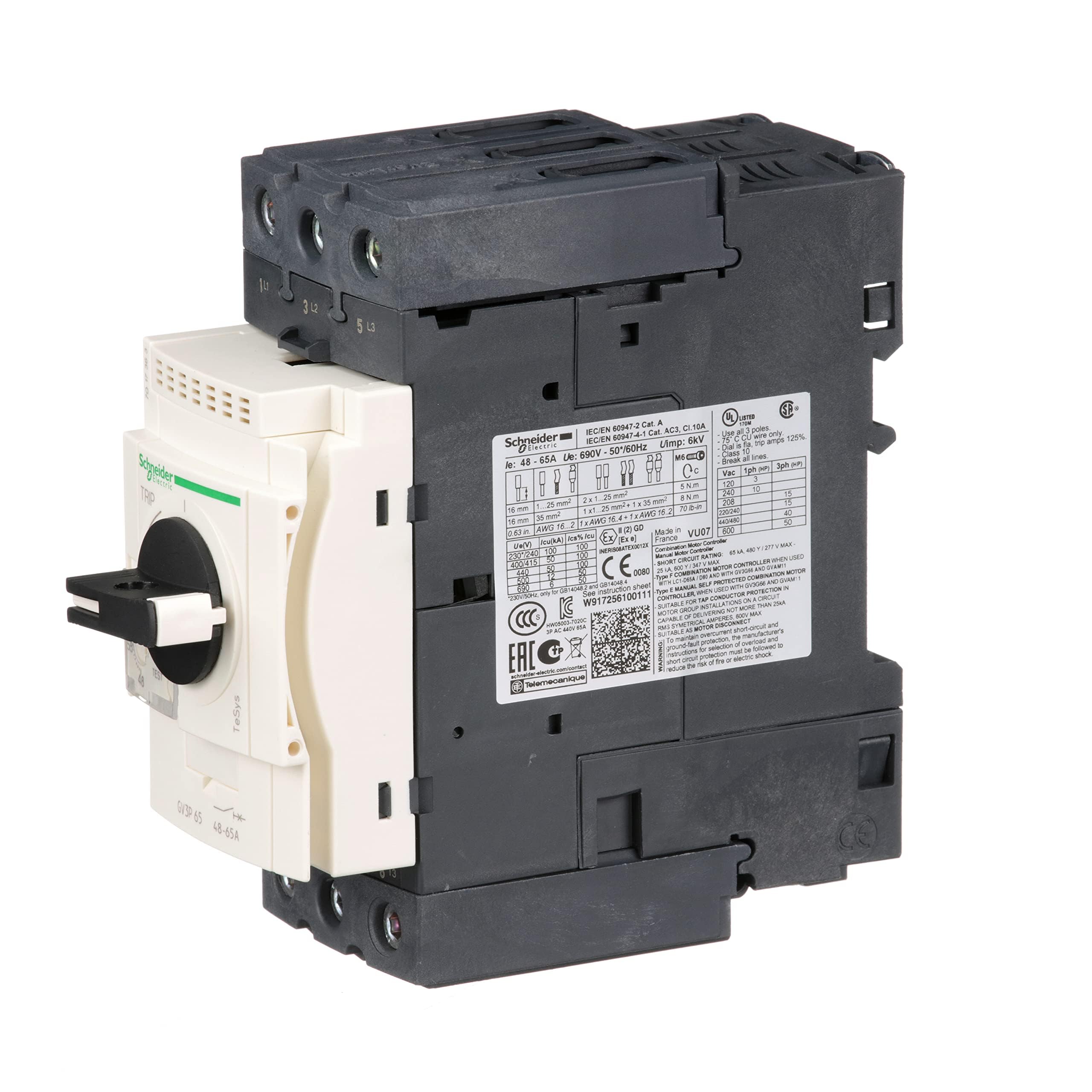Schneider Electric GV3P65 Tesys Gv3, Disyuntor Magnetotérmico, 48…65A, Conectores Everlink Btr