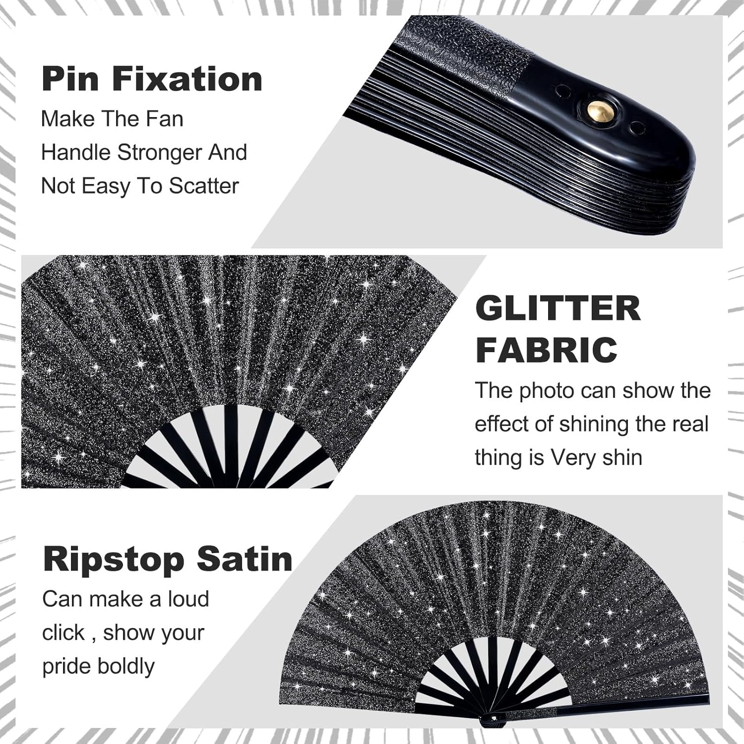 Thyle 6 Pcs Large Folding Fan for Line Dancing Bulk Hand Fan Black Popping Clapping Party Favors Decoration Gift for Edm Festival Club Summer(Classical)