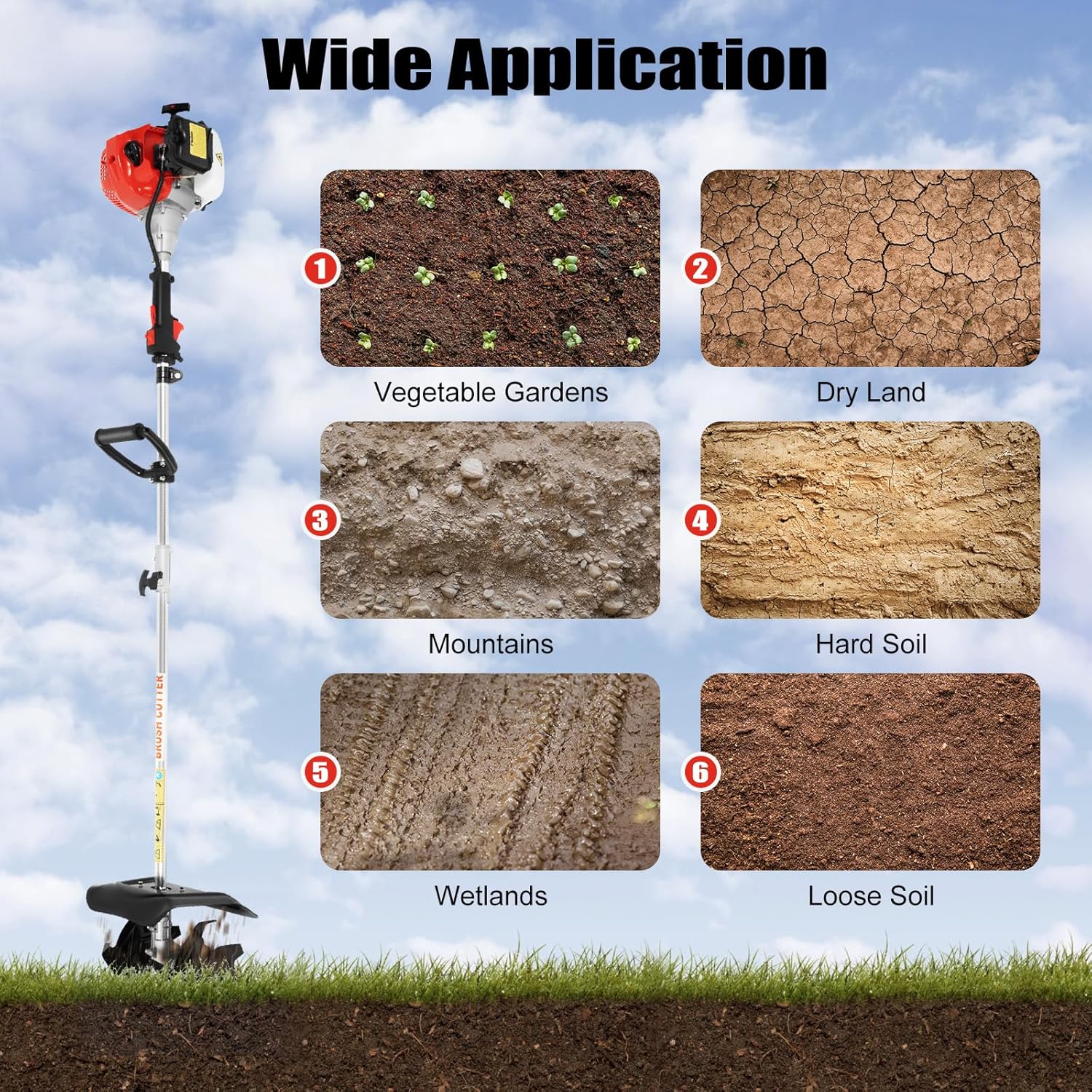 Gas Powered Tiller Cultivator, 52CC 2-Stroke Handheld Tiller Cultivator, Gas Powered Engine Rototiller, Garden Tool for Lawn, Garden and Field Soil Cultivation