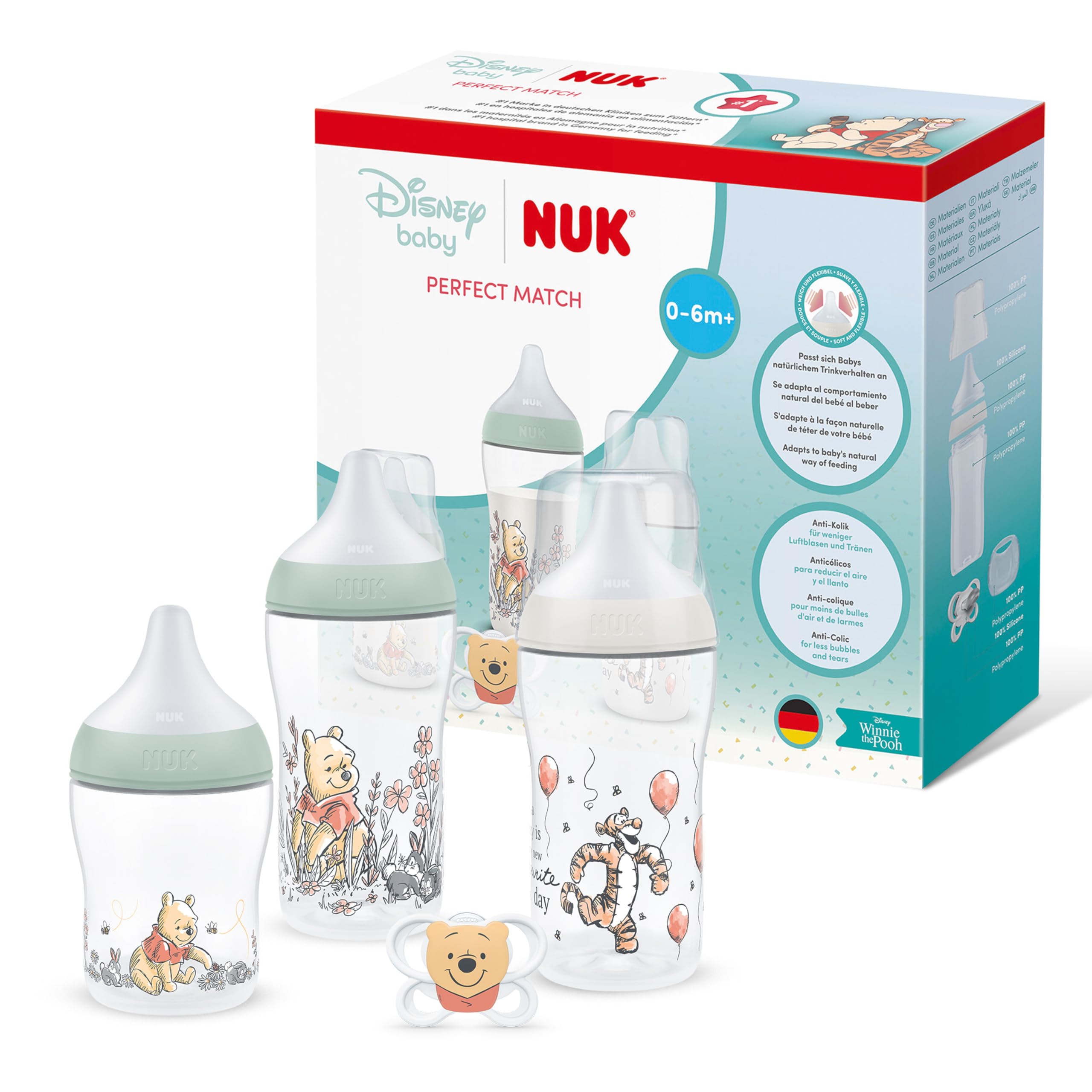 NUK Perfect Match Babyflaschen & Schnuller Geschenkset für Neugeborene | 0–6 Monate | 3 x Anti-Kolik-Flaschen (150 ml, 260 ml), 1 x Perfect Match Air Schnuller | Disney Winnie Puuh | 4 Stück