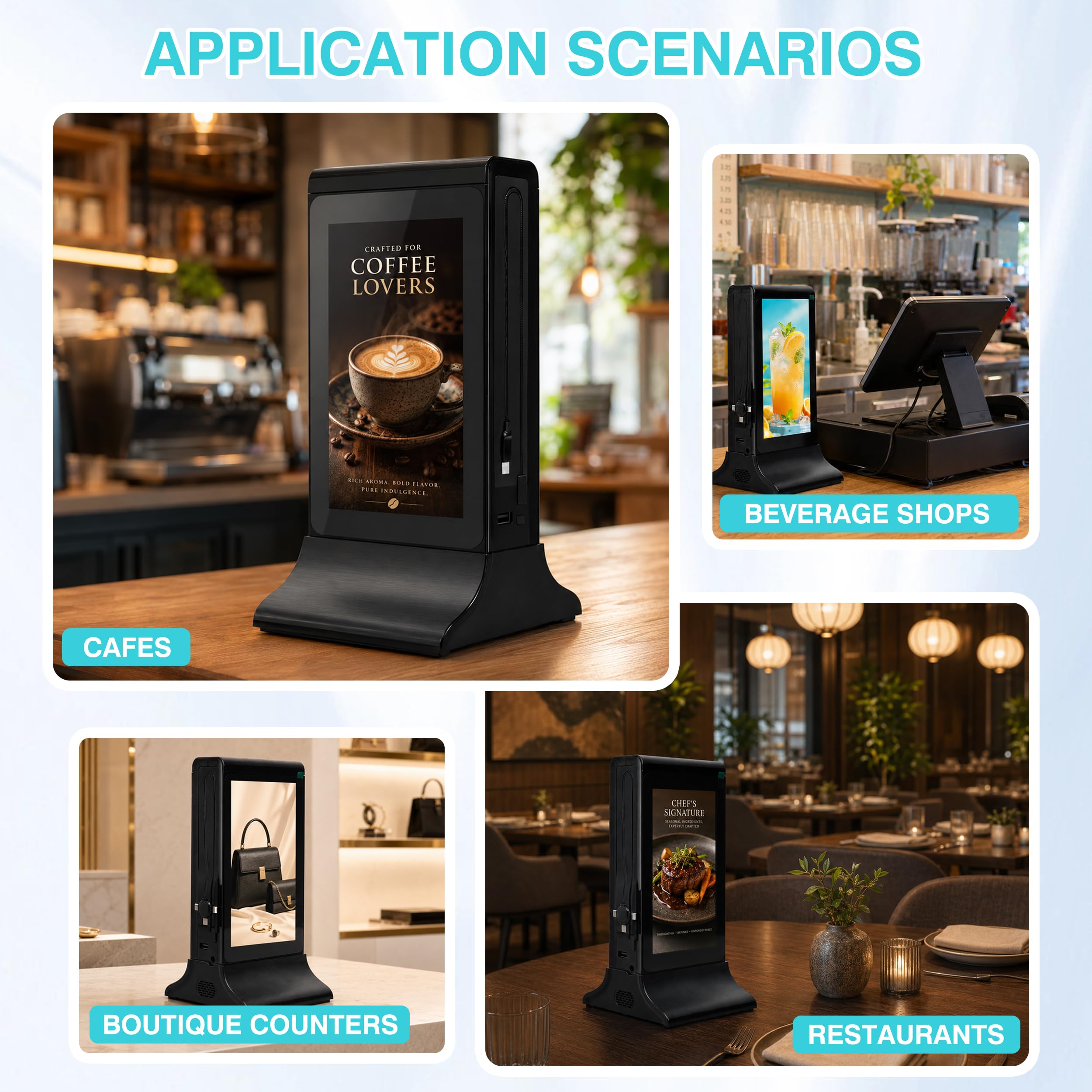 RDYMONKEY Présentoir de table numérique de 7 pouces avec câble de charge de téléphone portable et batterie - Support de prospectus de table sans fil pour restauration pour cartes de menu dans le