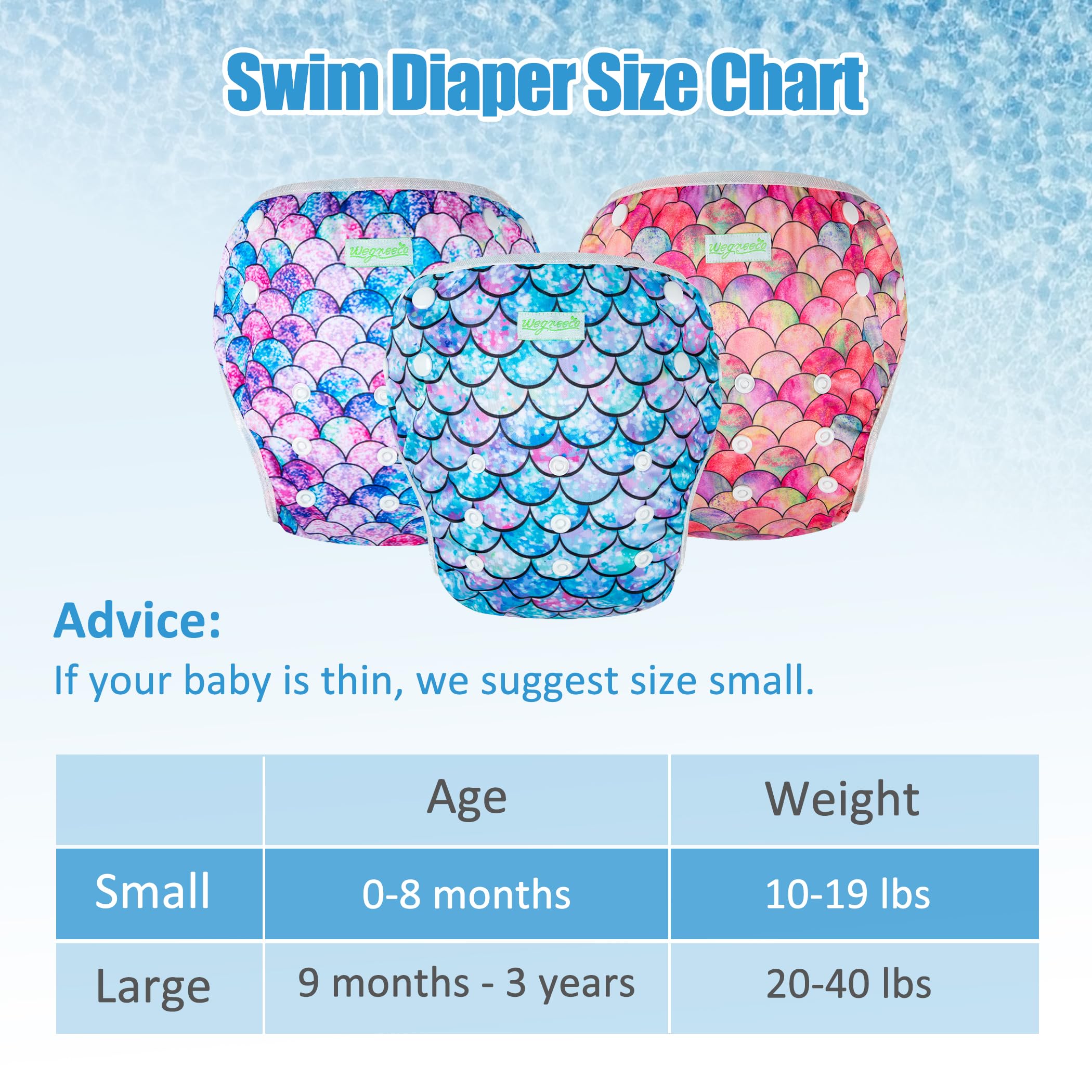 wegreeco Baby & Toddler Snap One Size Adjustable Reusable Baby Swim Diaper (Fish Scales, Large, 3 Pack)