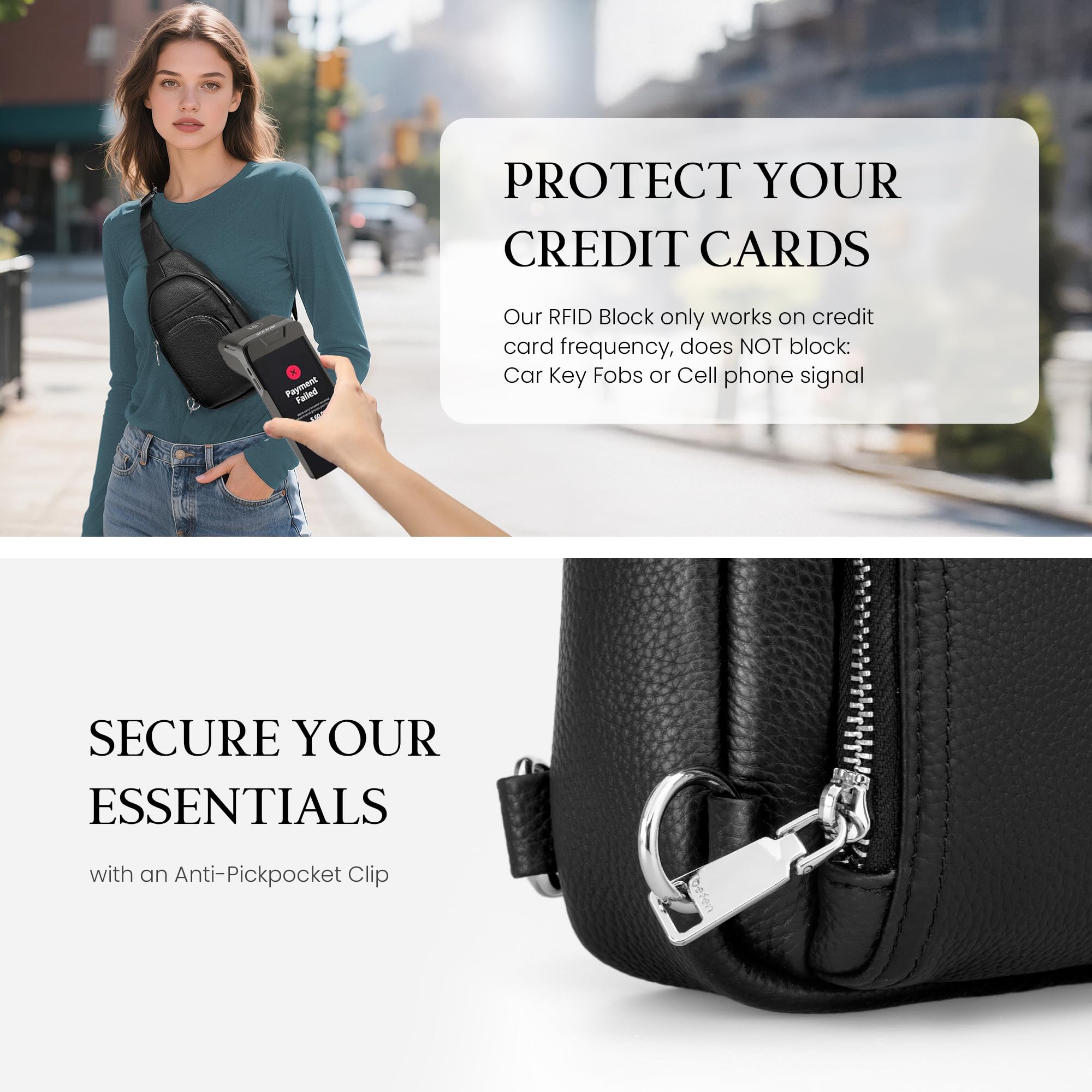 befen Kleine Umhängetasche aus echtem Leder für Damen, Diebstahlschutz, Brusttasche, Geldbörse mit integrierter RFID-Geldbörse