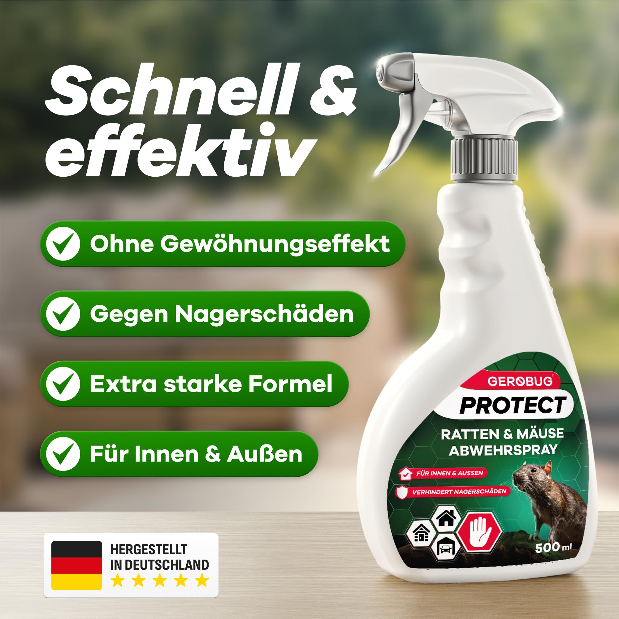 GEROBUG Ratten & Mäuseabwehr Spray 1000 ml - Ratten & Mäuse vertreiben mit hocheffektivem Mäuseabwehr Spray - Giftfreie Alternative statt Mäusegift oder Rattengift für Haus & Garten