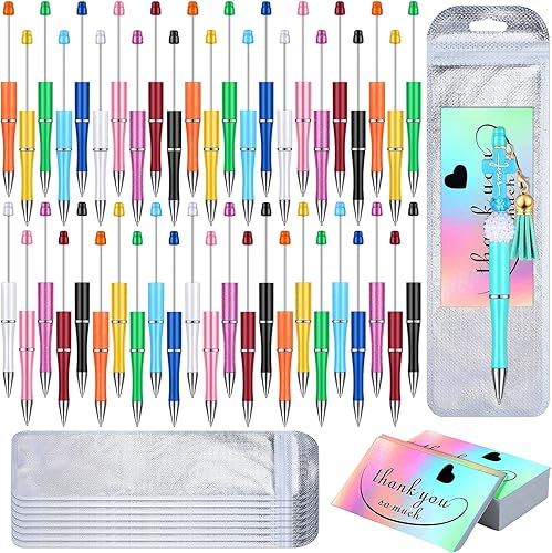 Yeaqee Kit de 150 bolígrafos con cuentas, 50 bolígrafos de plástico con cuentas de colores, 50 tarjetas de agradecimiento de papel de aluminio con