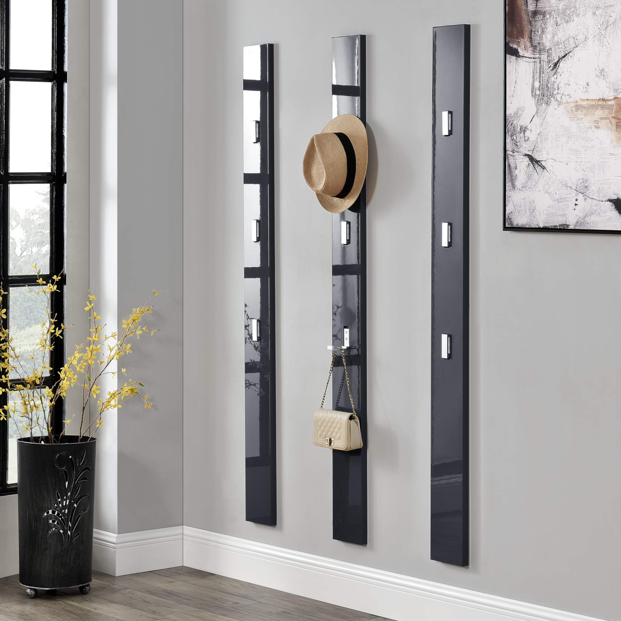 [en.casa] Wandgarderobe Hansnes 165 cm Grau mit 3 ausklappbaren Kleiderhaken Elegante Flurgarderobe Platzsparende Hakenleiste Garderobenpaneel Hochglanz