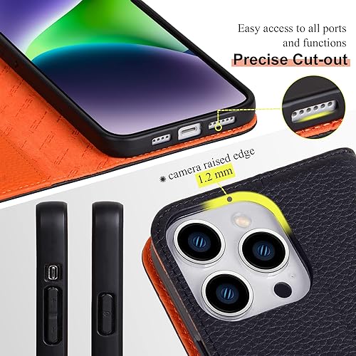 Miniatura 4 de VISOUL Pebbled - Funda de piel auténtica para iPhone 15 Pro Max, funda tipo cartera con MagSafe y soporte para tarjetas, funda magnética con función