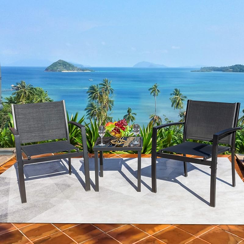 Homall 3 Pieces Patio Furniture Set Outdoor Patio Conversation Textilene Bistro Set Modern Porch Lawn Chairs with Coffee Table for Home and Balcony (Black) image 2