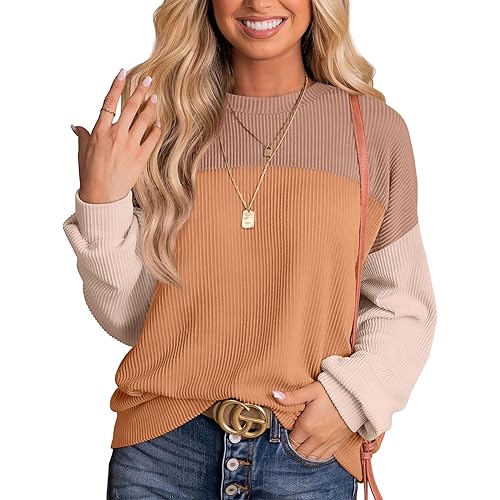 WIHOLL Womens Fall Fashion 2025 Long Sleeve Shirts Color Block Knitted Ribbed Tunic Tops Casual Loose Fit Trendy