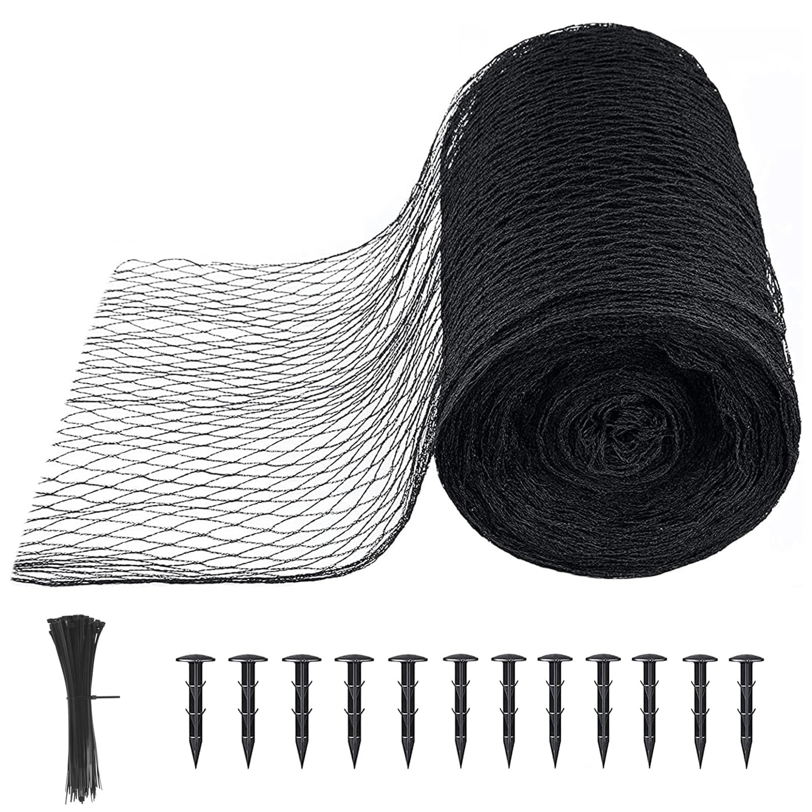 Teichnetz, 6 m x 12 m, strapazierfähig, 1,2 cm Maschen, schwarzes PE-Gartennetz mit 12 Heringen, schützt Teiche vor Blättern, Vögeln und Schmutz