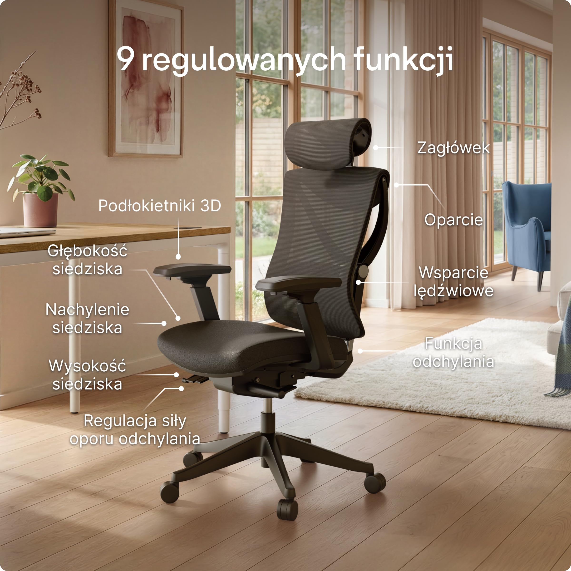 Desktronic Regulowane ergonomiczne krzesło biurowe, krzesło biurkowe z podparciem lędźwiowym, przyjazne dla pleców, bez bólu pleców, krzesło komputerowe, regulacja wysokości i ochrona pleców, szeroka